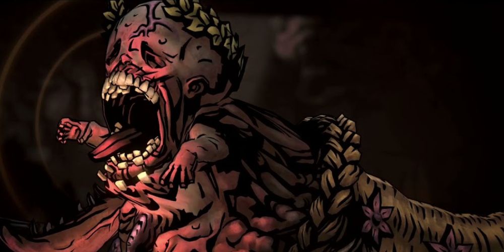 a close-up of the Harvest Child with its mouth open in Darkest Dungeon 2