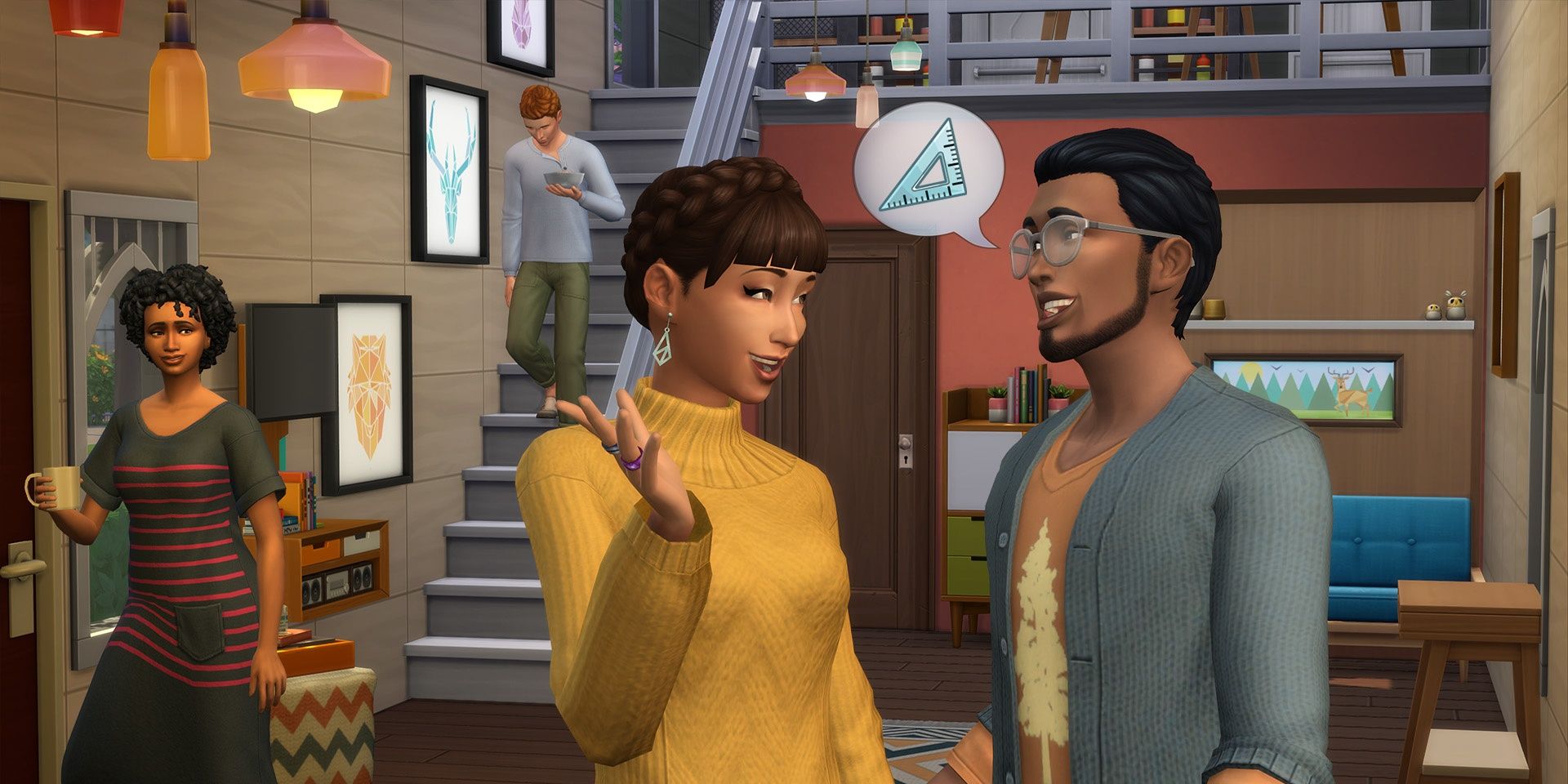 Two Sims chat about...well, it's not clear exactly what they're talking about. One Sim's thought bubble has the perfectionist symbol, though, so maybe they're networking?