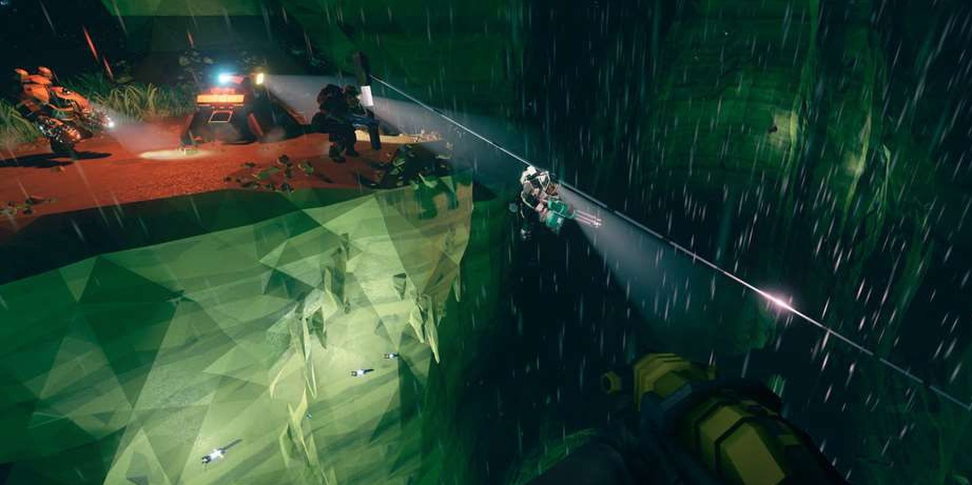 Deep Rock Galactic: Mining Crew Crossing Deep Chasm With Zipline