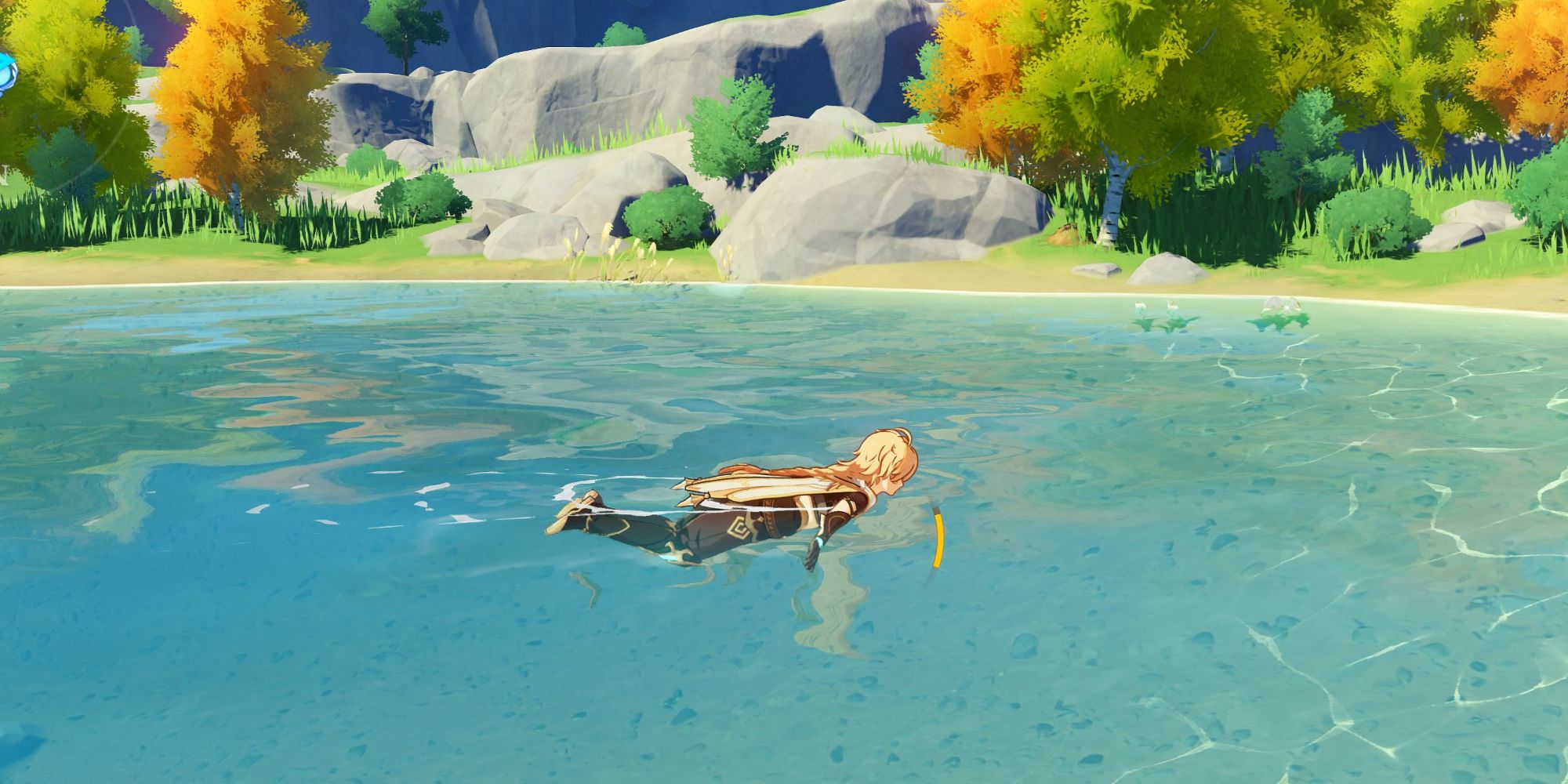 The Traveler swimming in a sunny pond in Genshin Impact