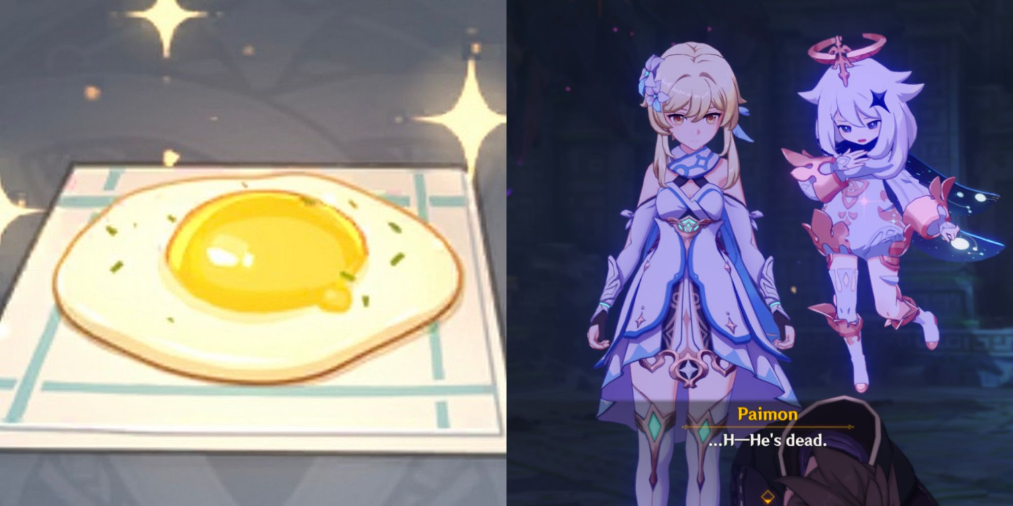 A Teyvat Fried Egg collaged next to a Genshin Impact screenshot featuring Paimon telling the Traveler that an unnamed character is dead