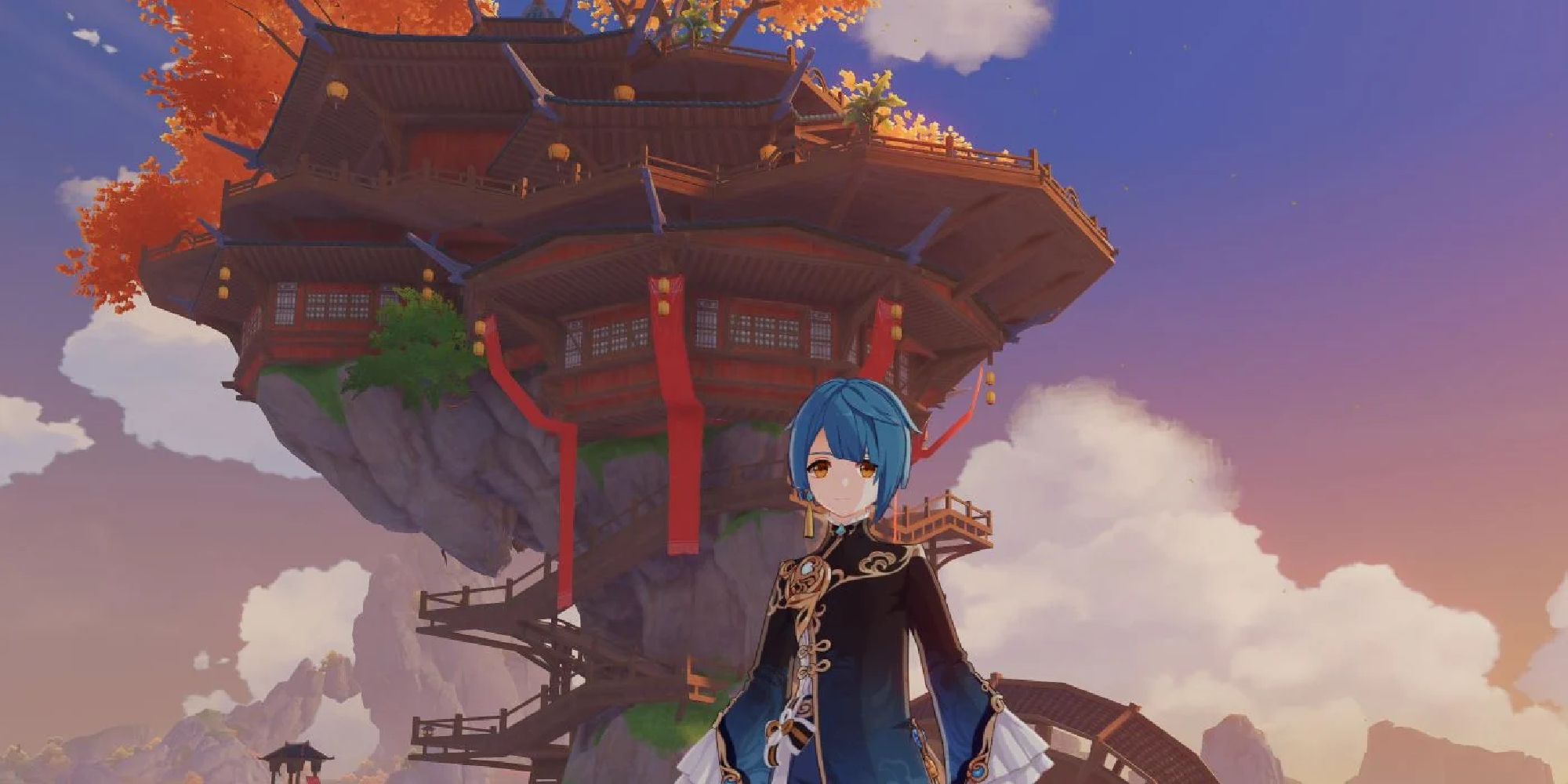 The Traveler poses in front of the Wangshu Inn in Genshin Impact