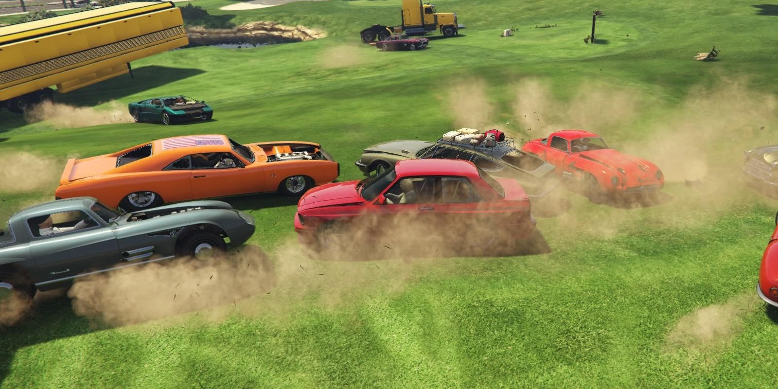 A demolition derby rages on a golf course in GTA 5
