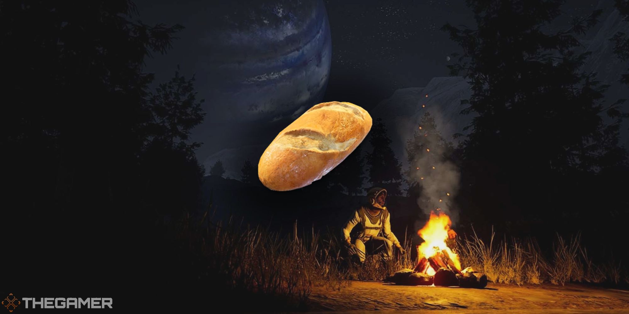 image of bread over image of player sitting in front of campfire