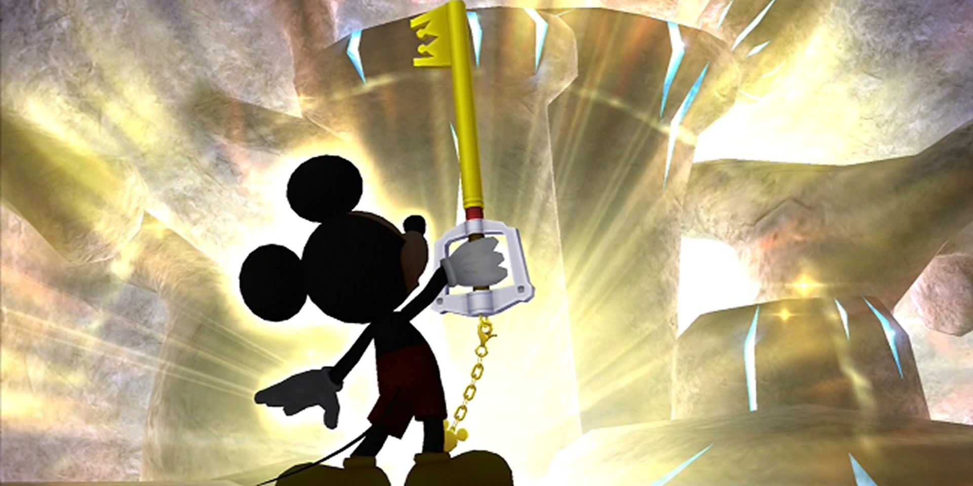 Mickey Mouse's appearance at the end of the original Kingdom Hearts with his keyblade held up