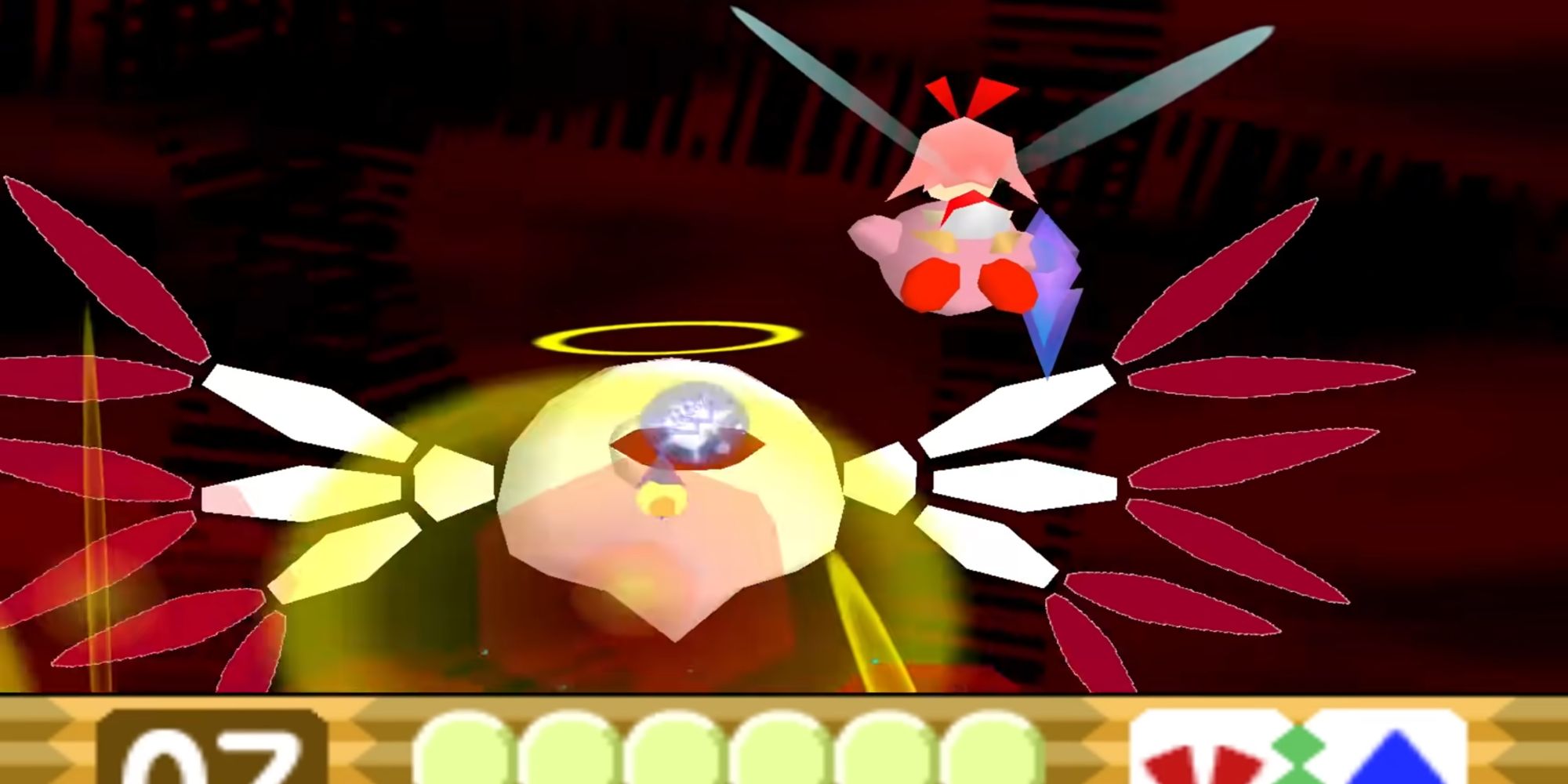 Kirby fires crystals at Zero Two in Kirby 64: The Crystal Shards