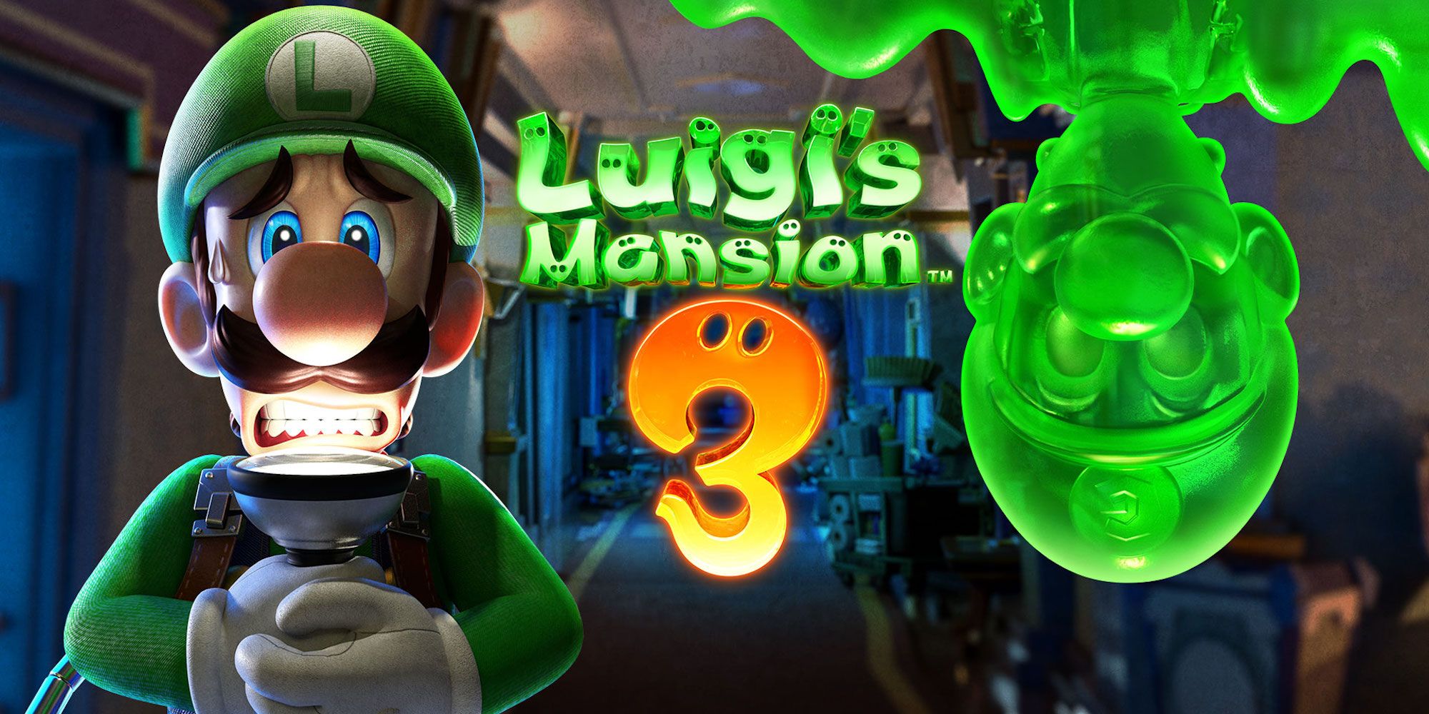 Luigi looking frightened next to Gooigi with game title displayed Luigi's Mansion 3