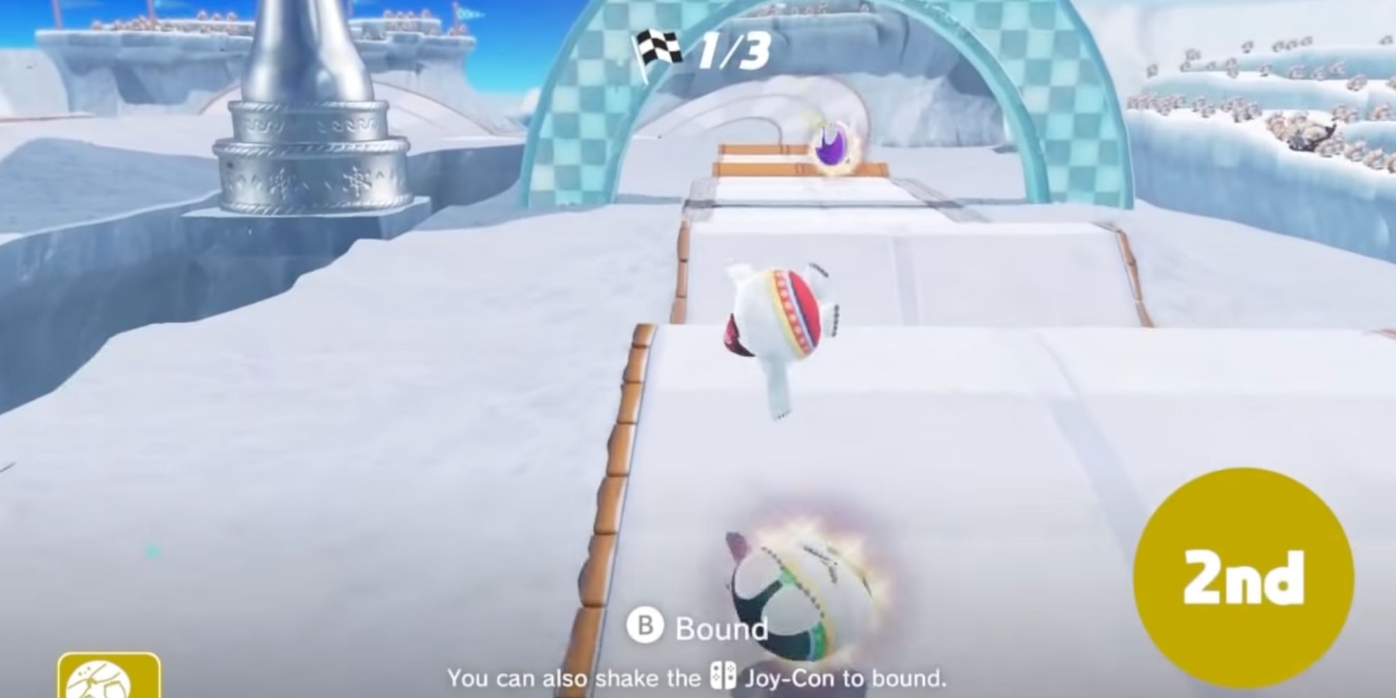 Mario possesses a Shiverian and bounces through a snowy racecourse in Bound Bowl Grand Prix in Super Mario Odyssey