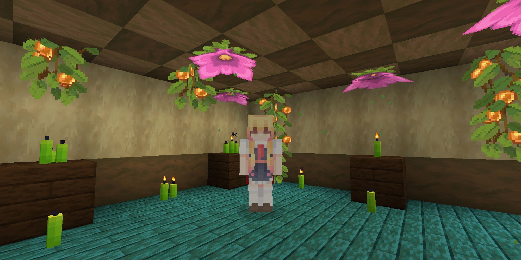 player standing in a room with spore blossoms and candles