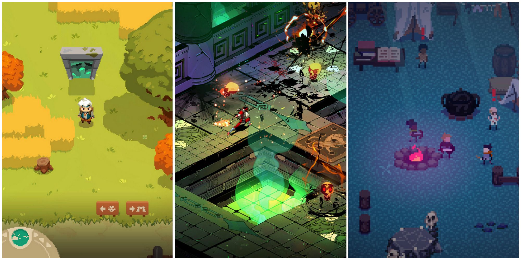 moonlighter character in field, hades zagreus in battle, mana spark hero at campsite featured