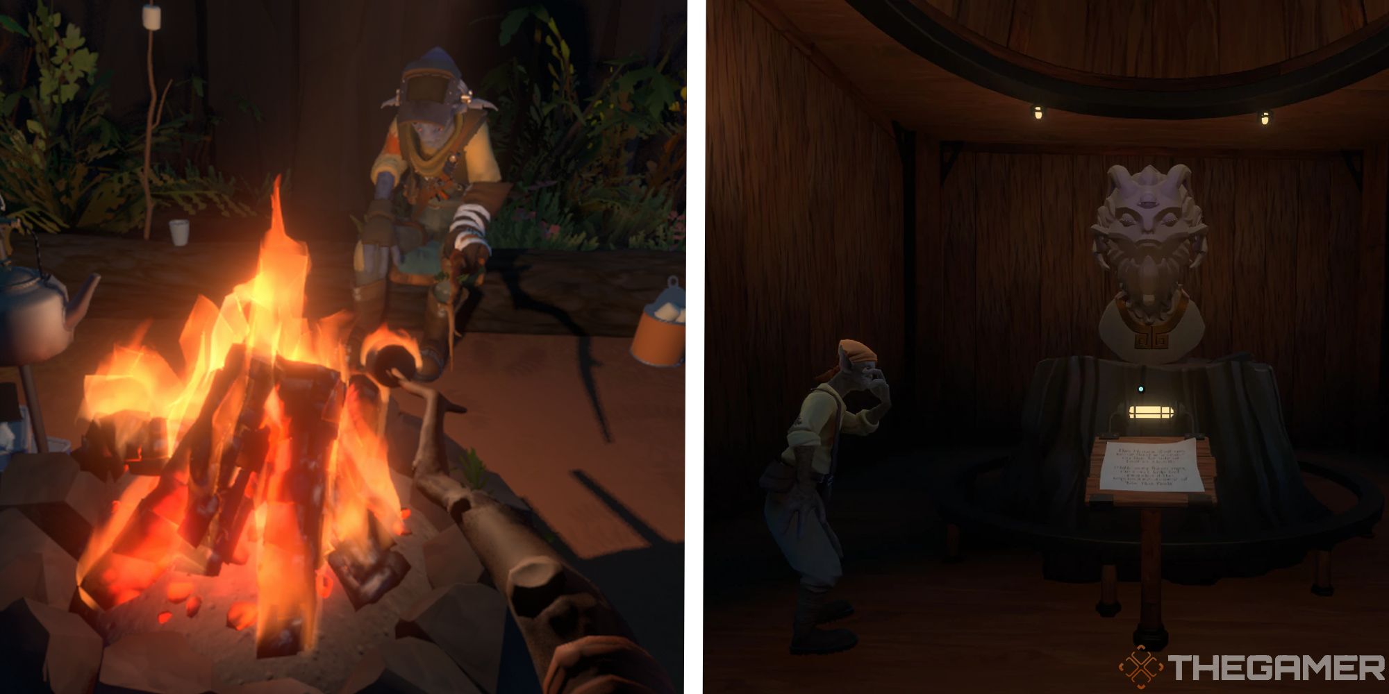 image of player roasting marshmallow at campfire next to image of statue in front of observatory entrance