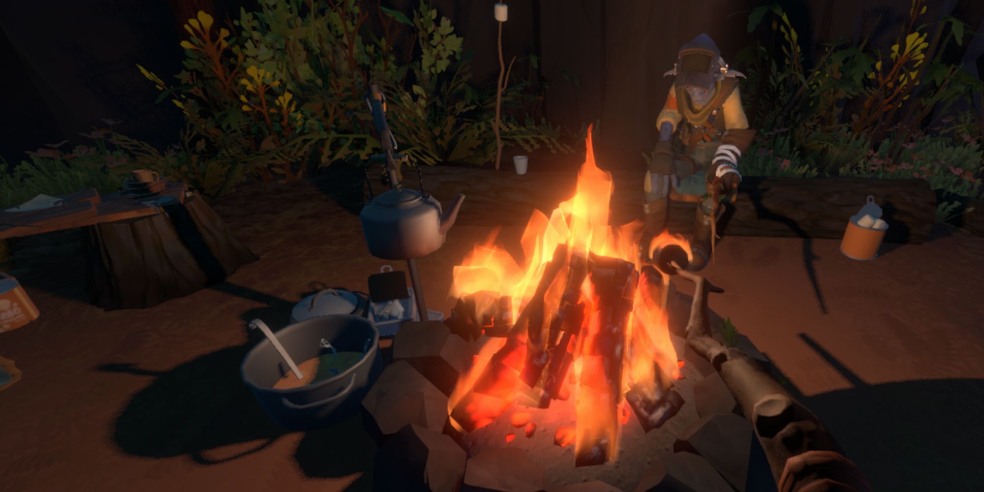 player roasting a marshmallow in front of a campfire