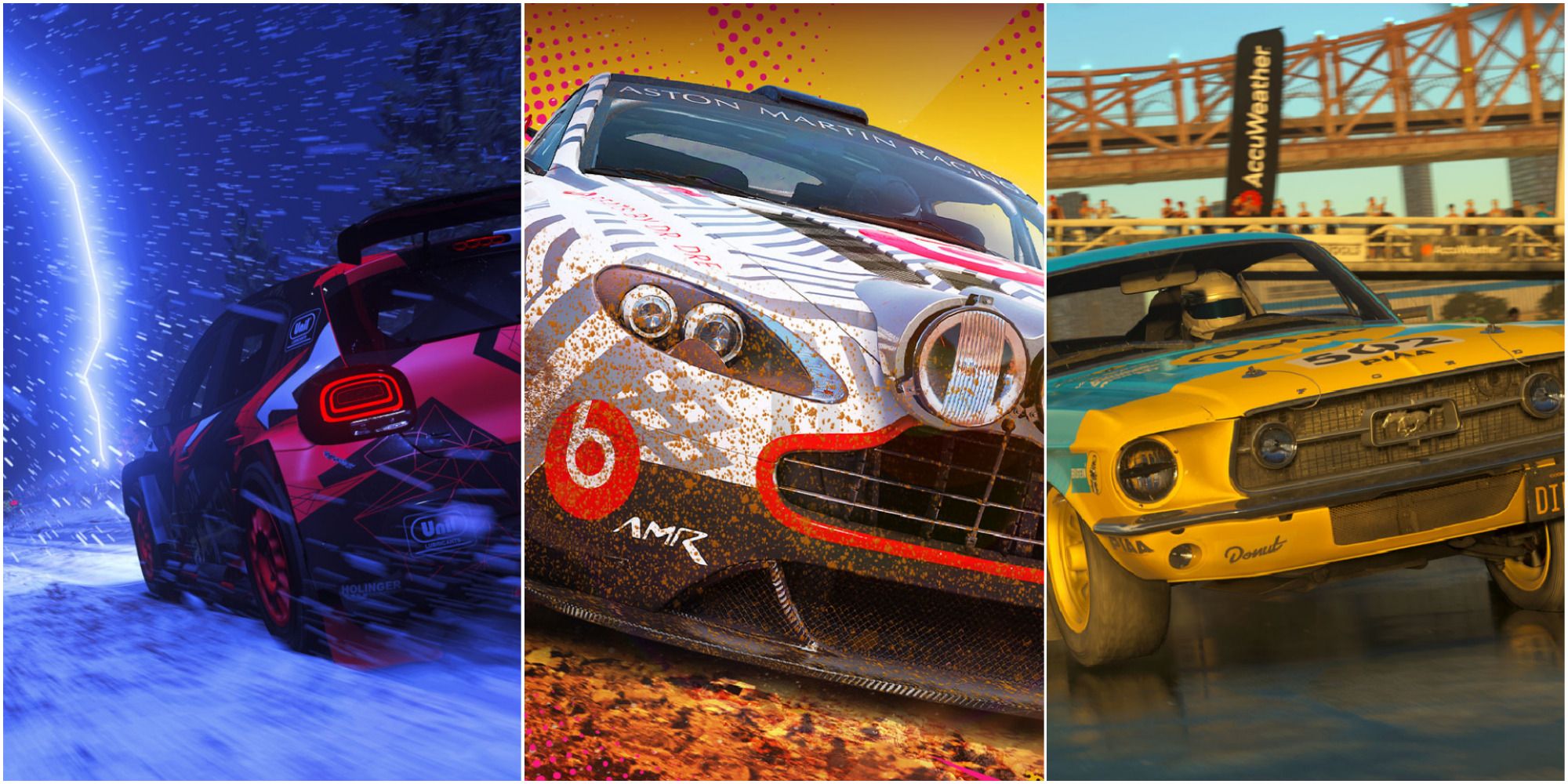 Three screenshots from Dirt 5, showing a car driving through snow and lightning; a car drifting on a colored background; and a car taking a tight turn in New York City