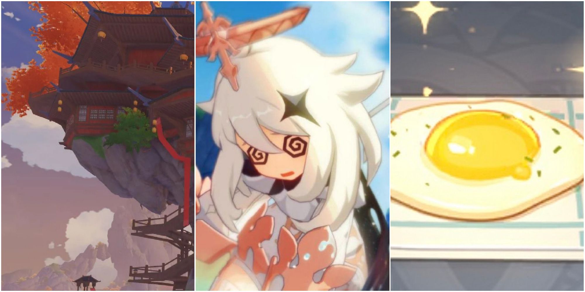 A collage of three images from Genshin Impact, including a screenshot of the Wangshu Inn; Paimon looking like she's about to die; and a Teyvat Fried Egg