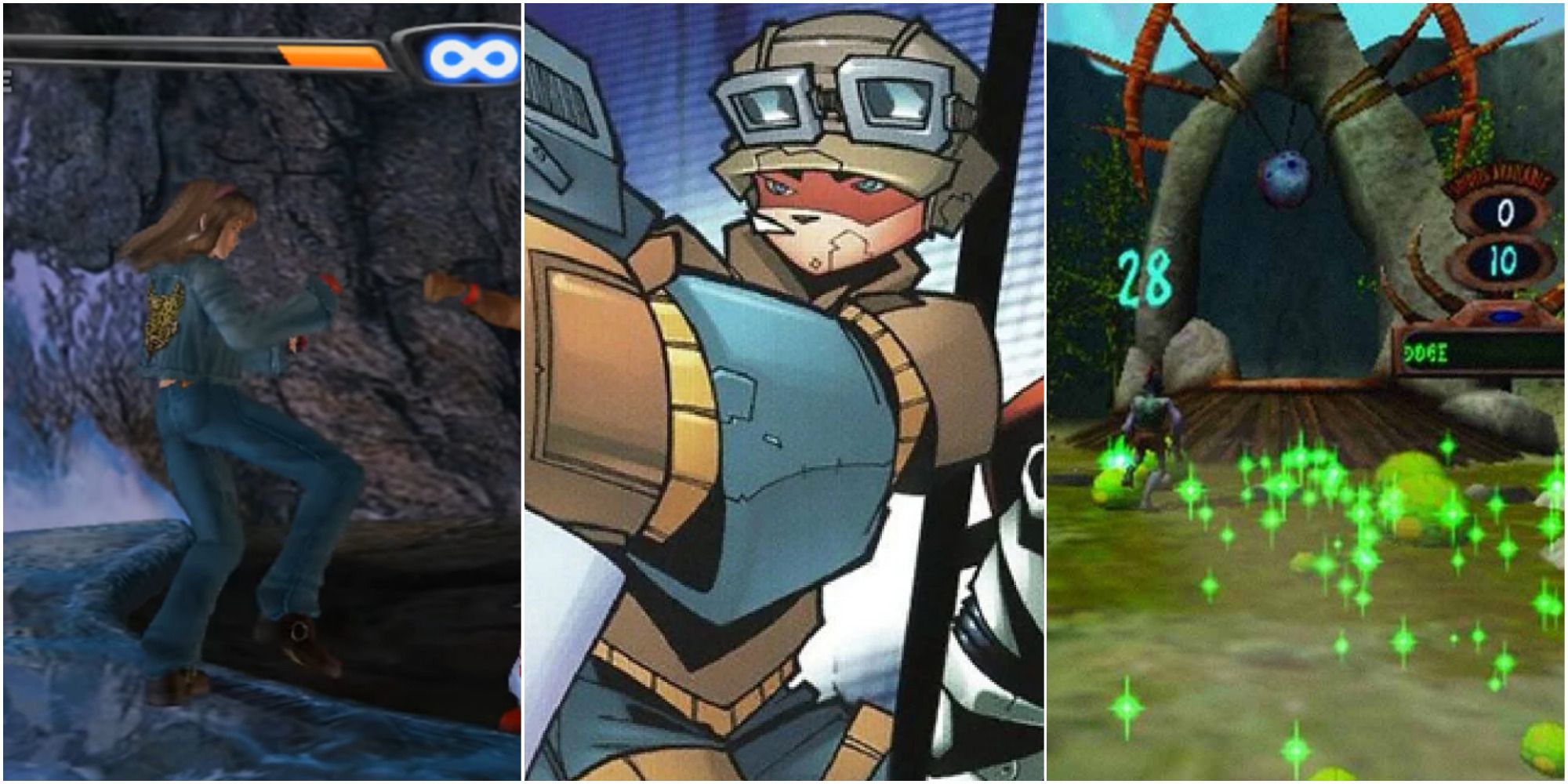 A collage of images from Dead Or Alive 3, TimeSplitters 2, and Oddworld: Munch's Oddysee