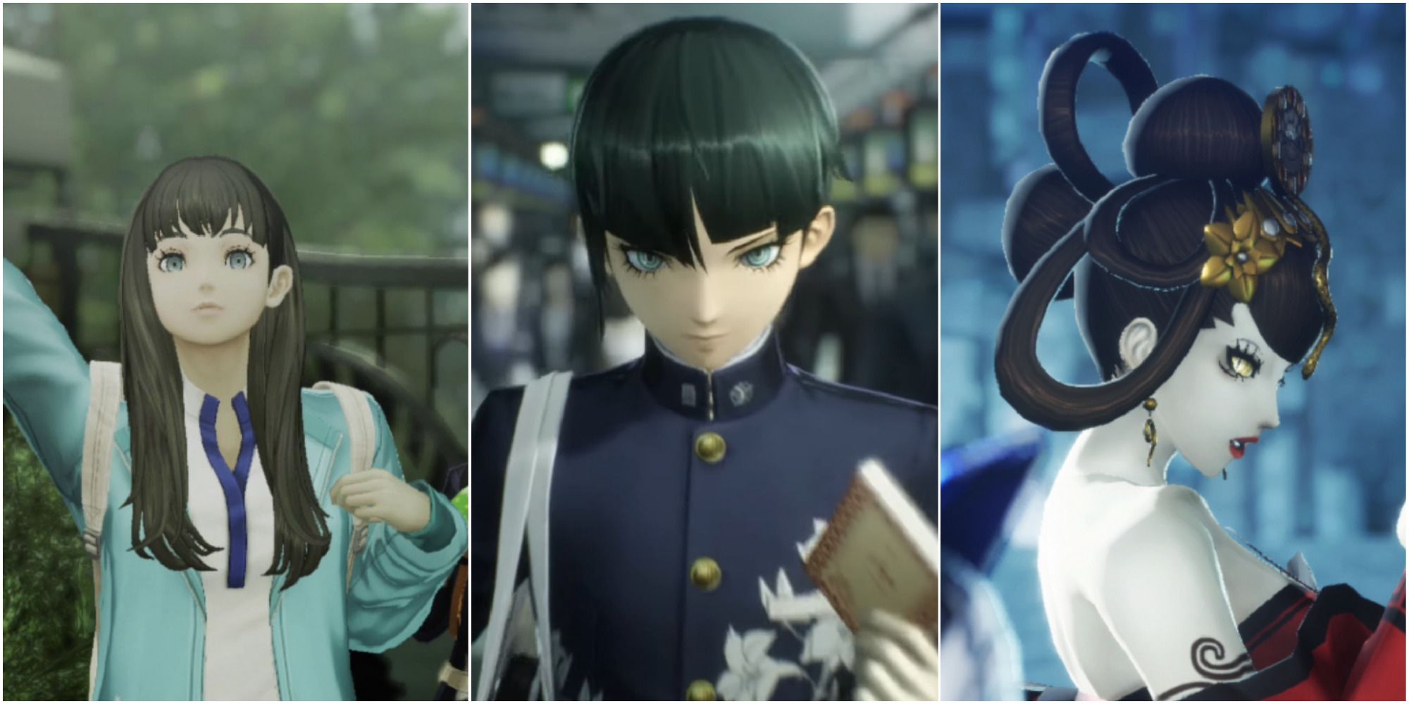 A collage of images from Shin Megami Tensei 5, featuring Tao Isonokami; the main character before he turns into a Nahobino; and a demon