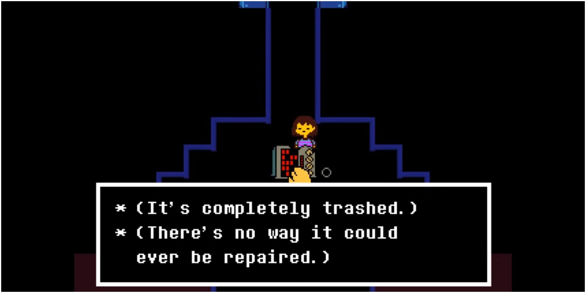 Alphys examining Mettaton&rsquo;s broken body while Chara is interreacting with it.