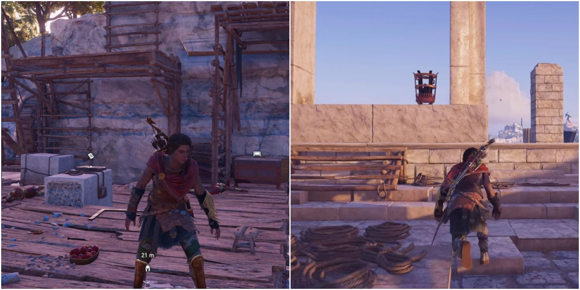 Image 1 shows the main character standing in the Naxos Quarry. Image 2 shows the main character walking towards an archway northwest of Ariadne&rsquo;s Fate.
