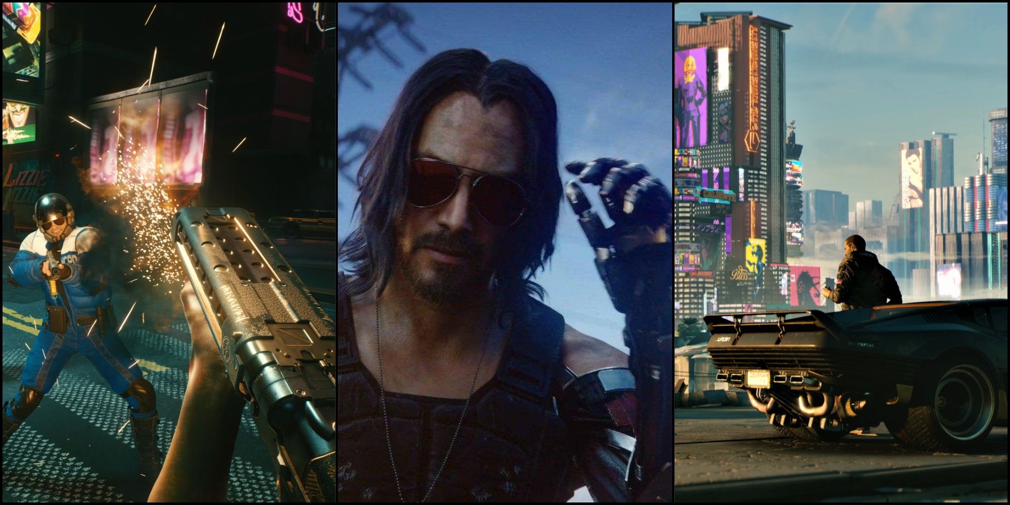 A split image for Cyberpunk 2077 featuring a gunfight to the left, Johnny Silverhand in the middle and V on the right