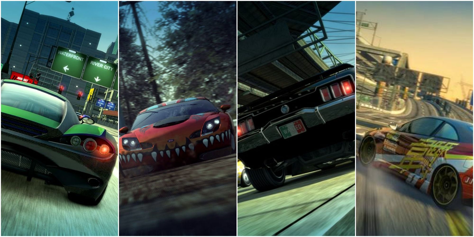 Split image of four screenshots from Burnout Paradise