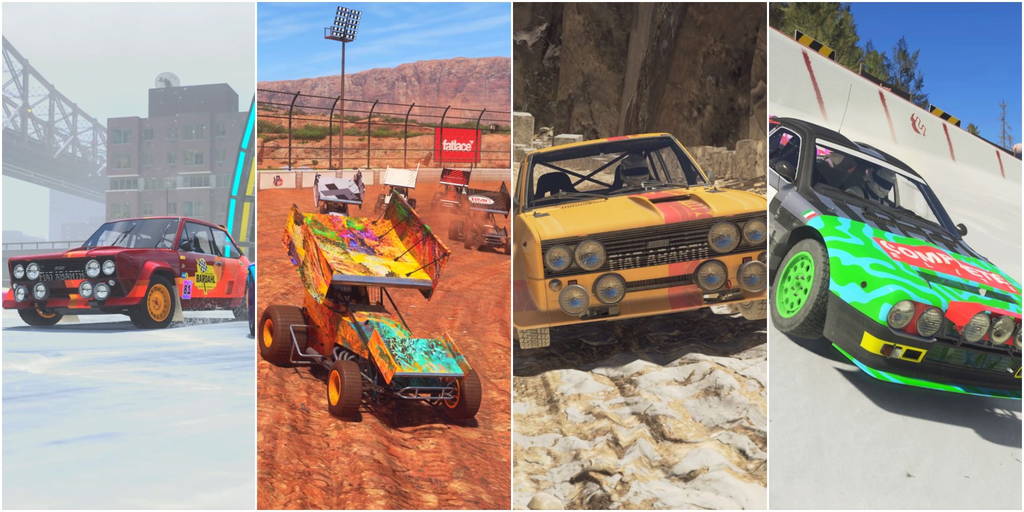 Split image of two Fiat Abarths, a Sprint event and a Lancia 037 in Dirt 5