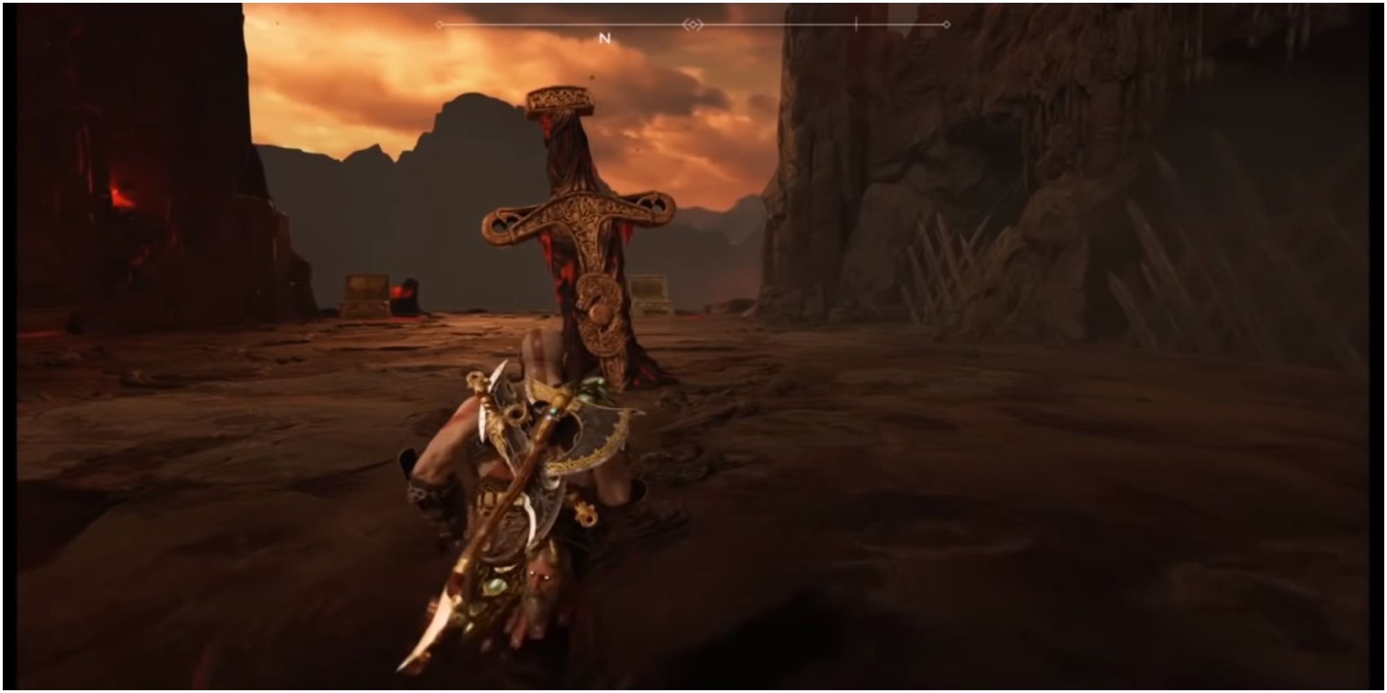 Kratos interacting with the Giant Sword to initiate the trail on Muspelheim.