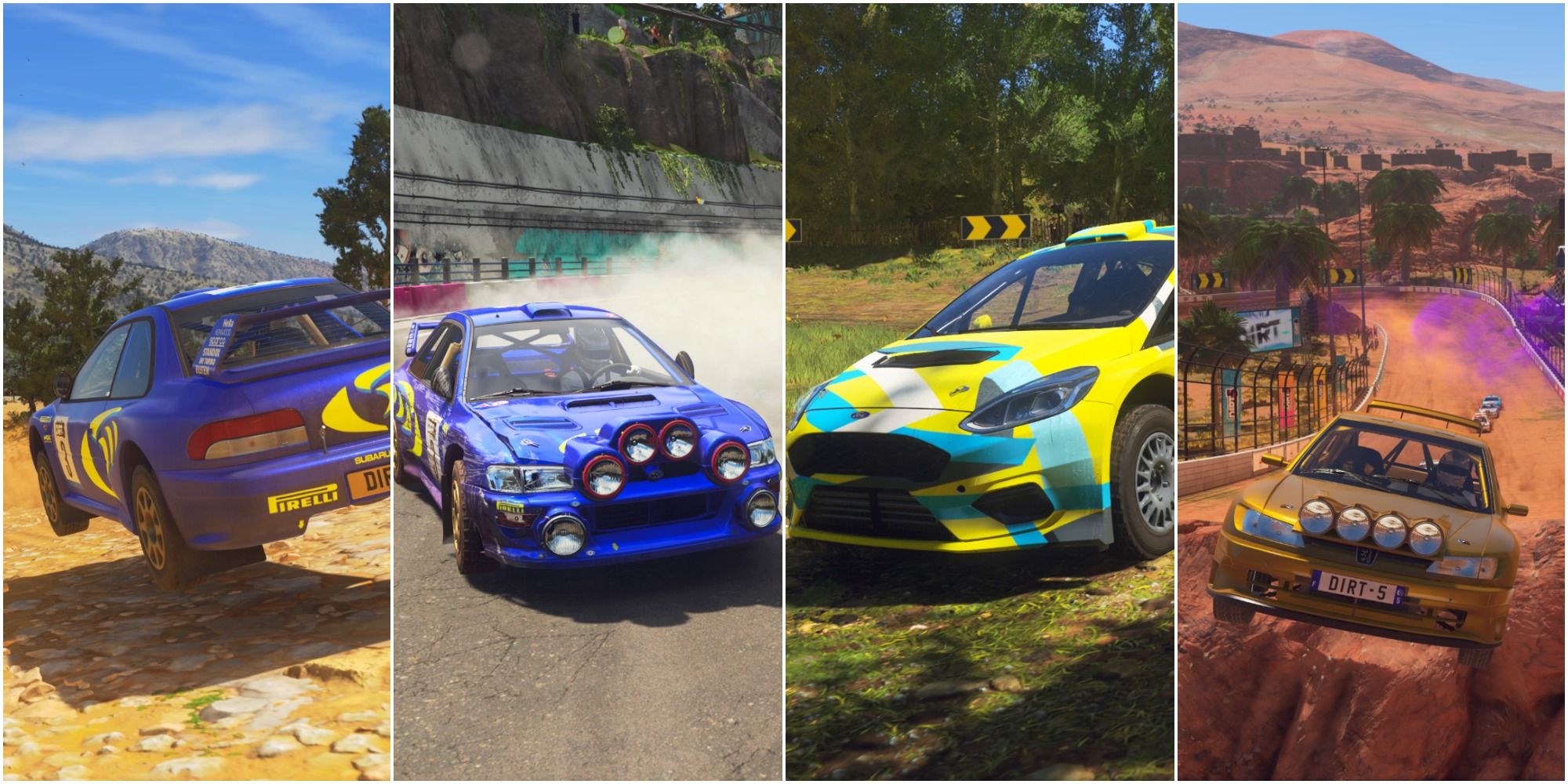 Split image of two Subarus, a Ford Fiesta and a Peugeot in Dirt 5