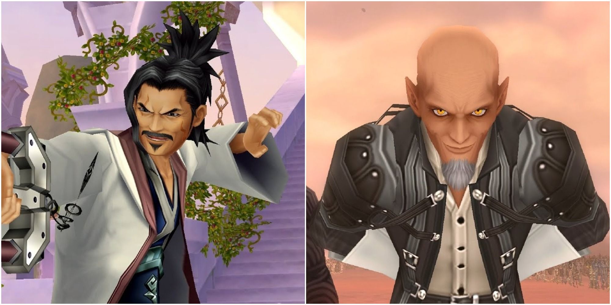 Split image of Eraqus holding his keyblade, and Xehanort with his arms behind his back