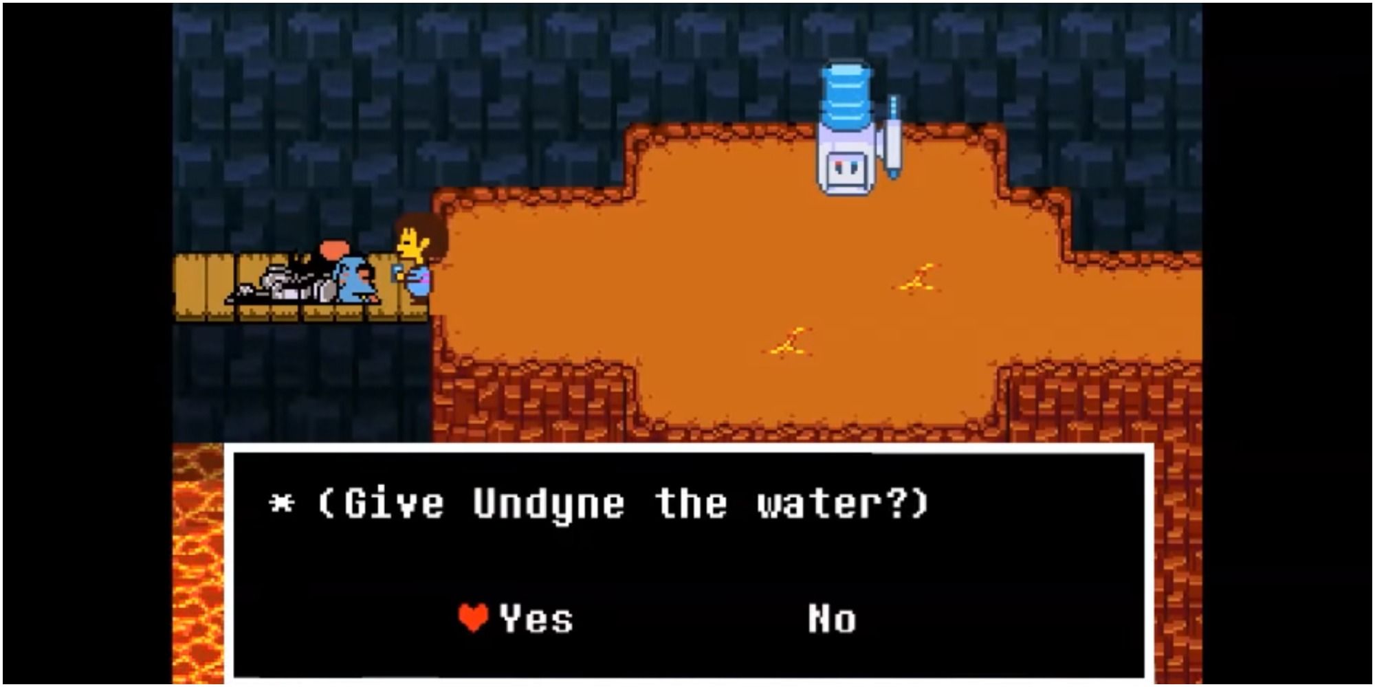 Chara giving water to Undyne in the Pacifist Run