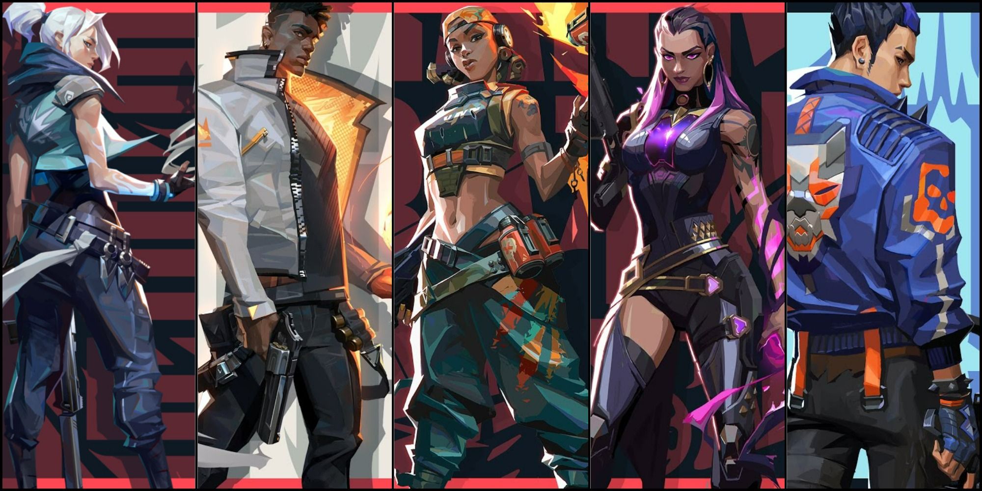 A Valorant feature image with all the duelists. From left to right: Jett, Phoenix, Raze, Reyna and Yoru