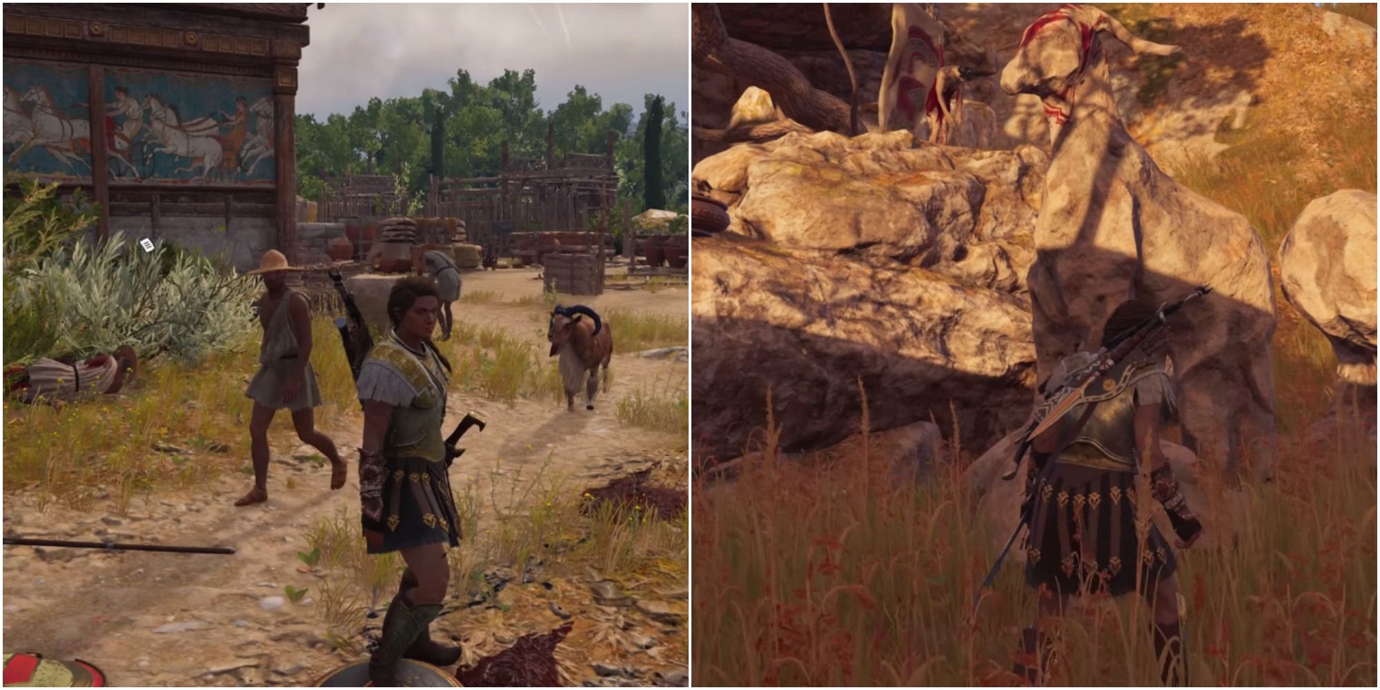 Image 1 shows the main character in Camp Dekelia. Image 2 shows the main character facing a statue of a goat near a cave.