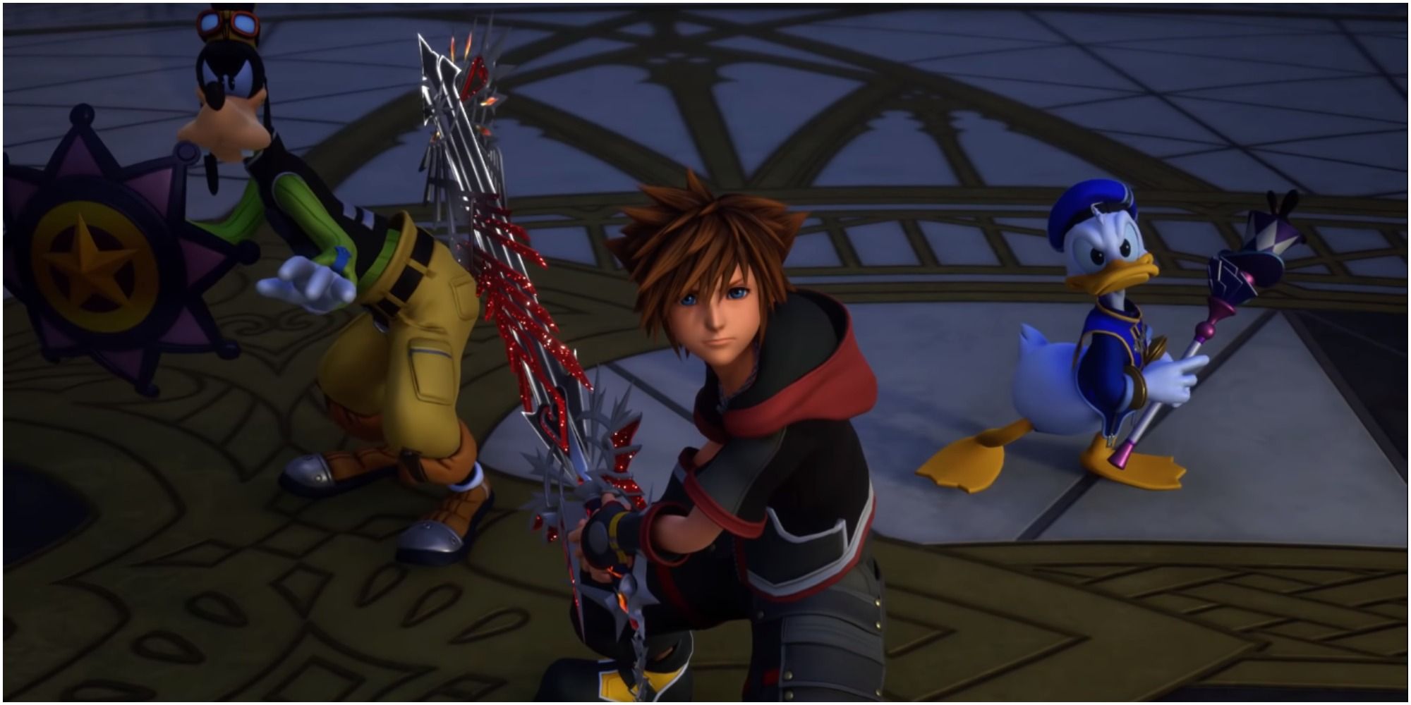 Sora holding the Ultima Weapon with Goofy and Donald beside him in Kingdom Hearts 3.