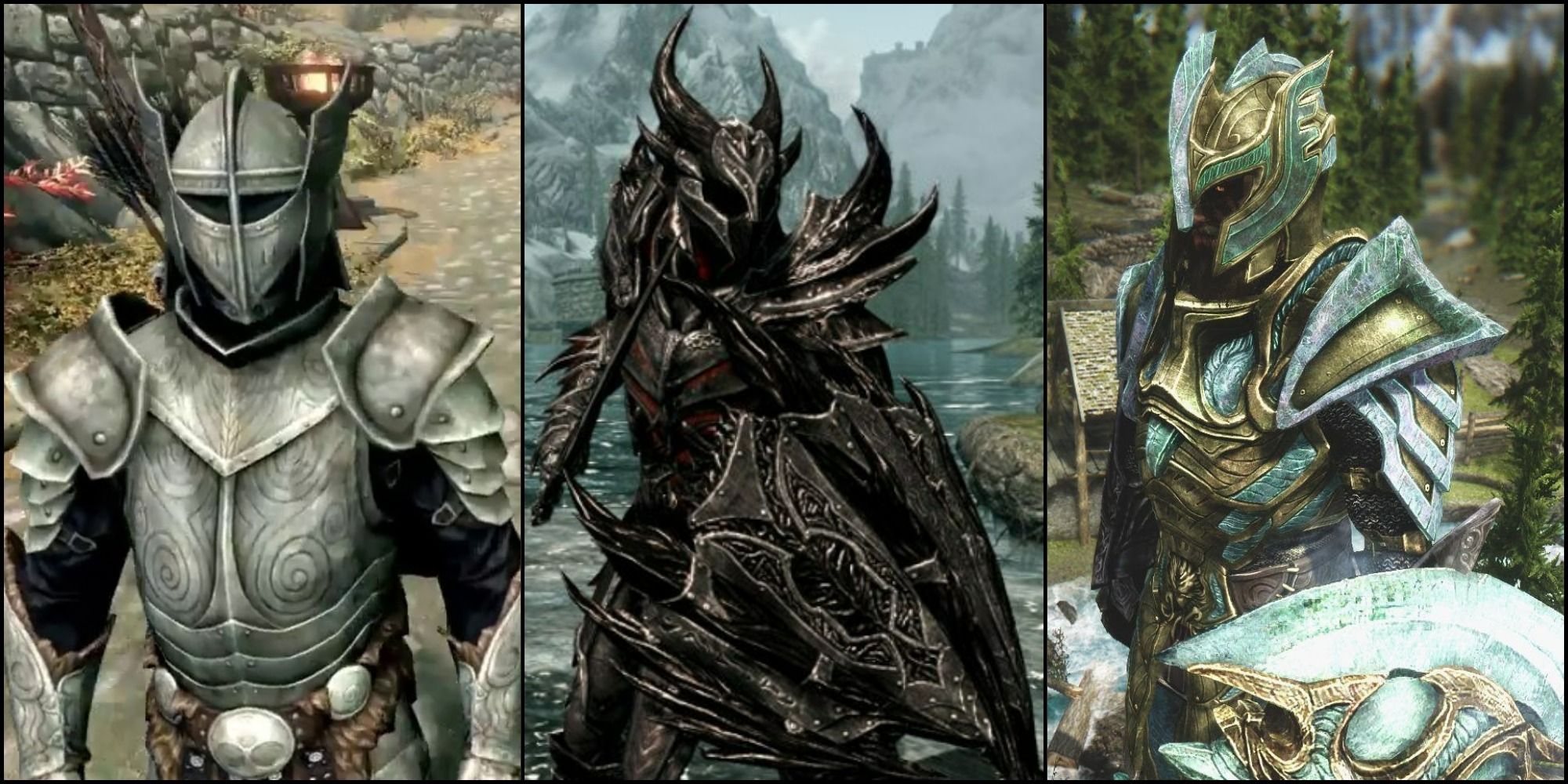 Skyrim split image featuring Steel Plate Armor to the left, Daedric Armor in the middle and Glass Armor to the right