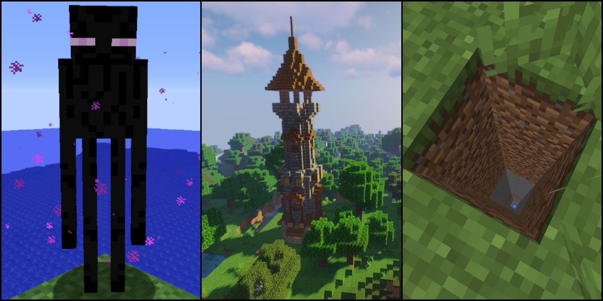 A split image for Minecraft featuring an Enderman to the left, a tower in the middle and a shaft straight down to the right