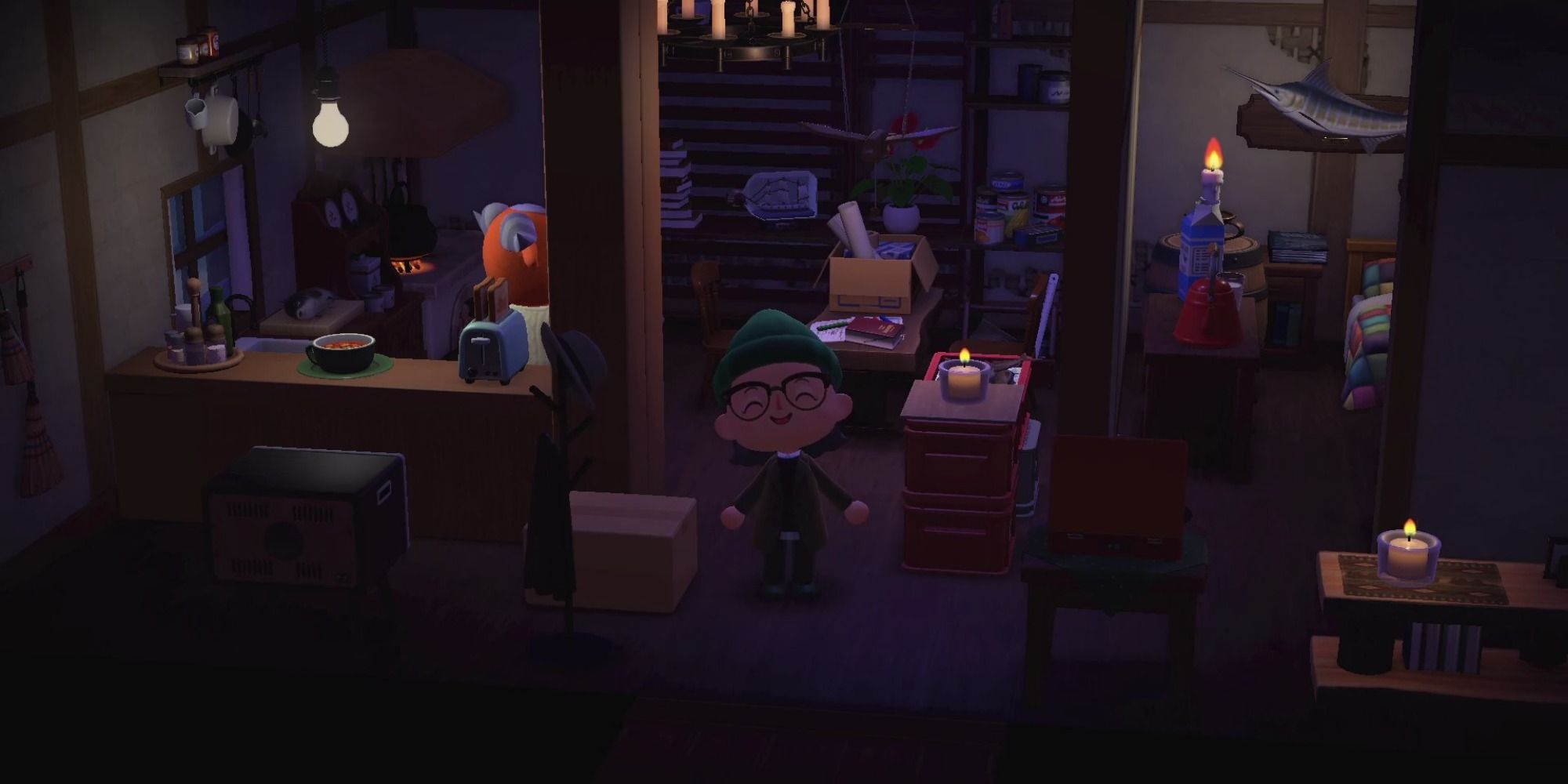 A player stands in a dark and cluttered room filled with cardboard boxes and boxes of fish