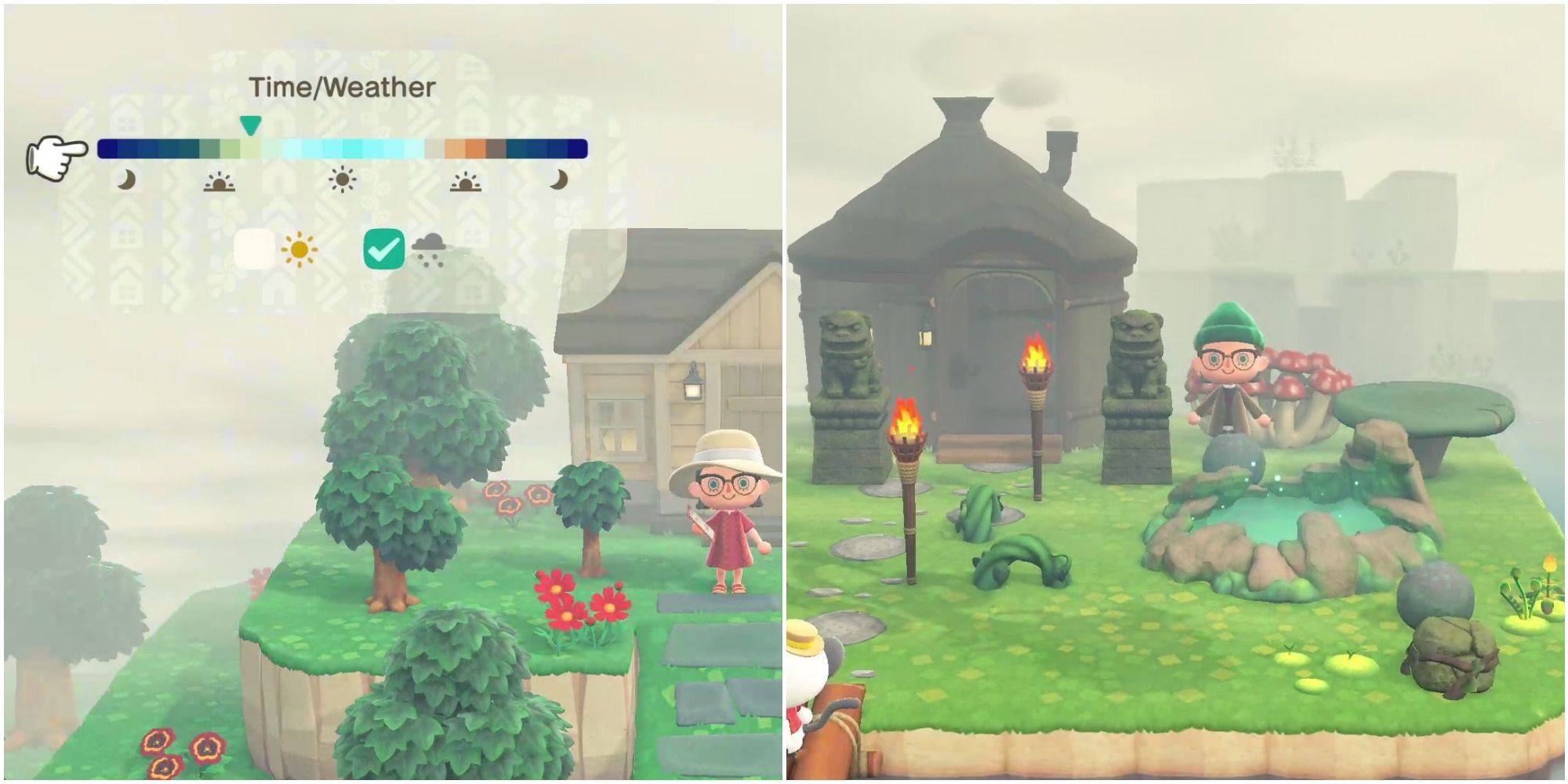 A split image from left to right: A player cycles through different times of day with the Time/Weather feature, and a player stands in a swampy area surrounded by fog