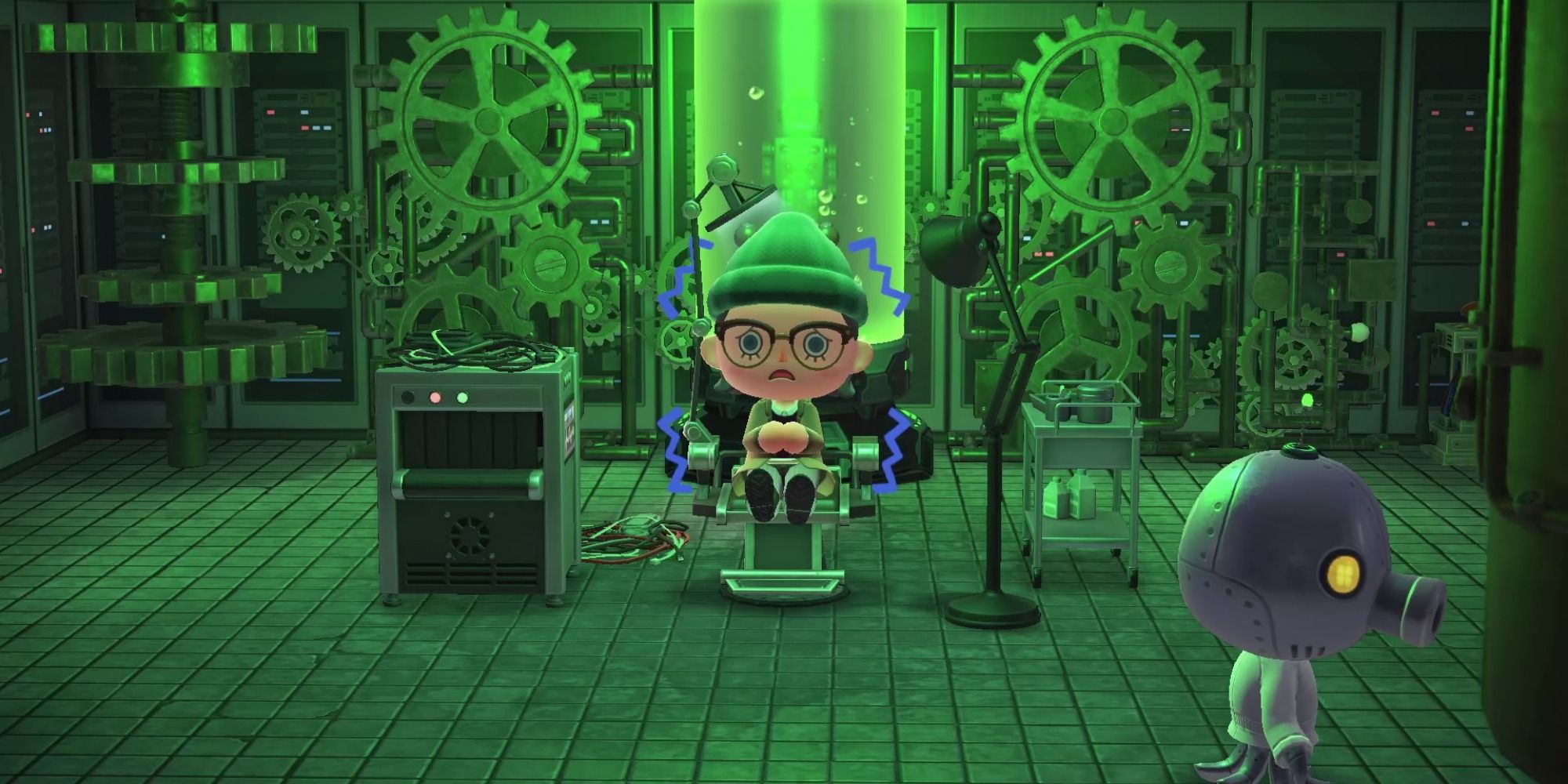 A player sits in a green lit science lab cowering in fear, while a robot octopus paces the room