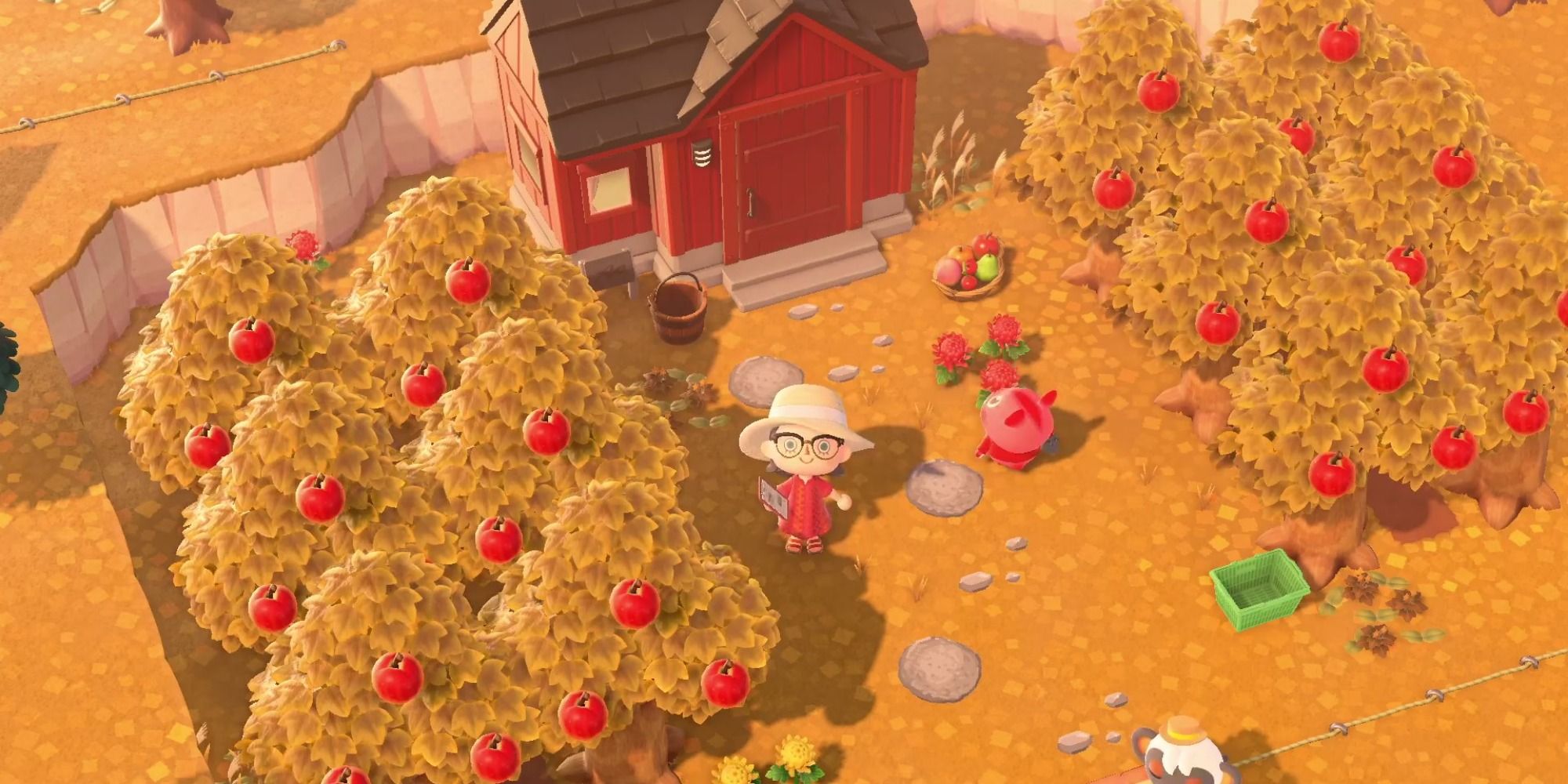 A player stands in an autumn apple orchard on a custom designed stone path