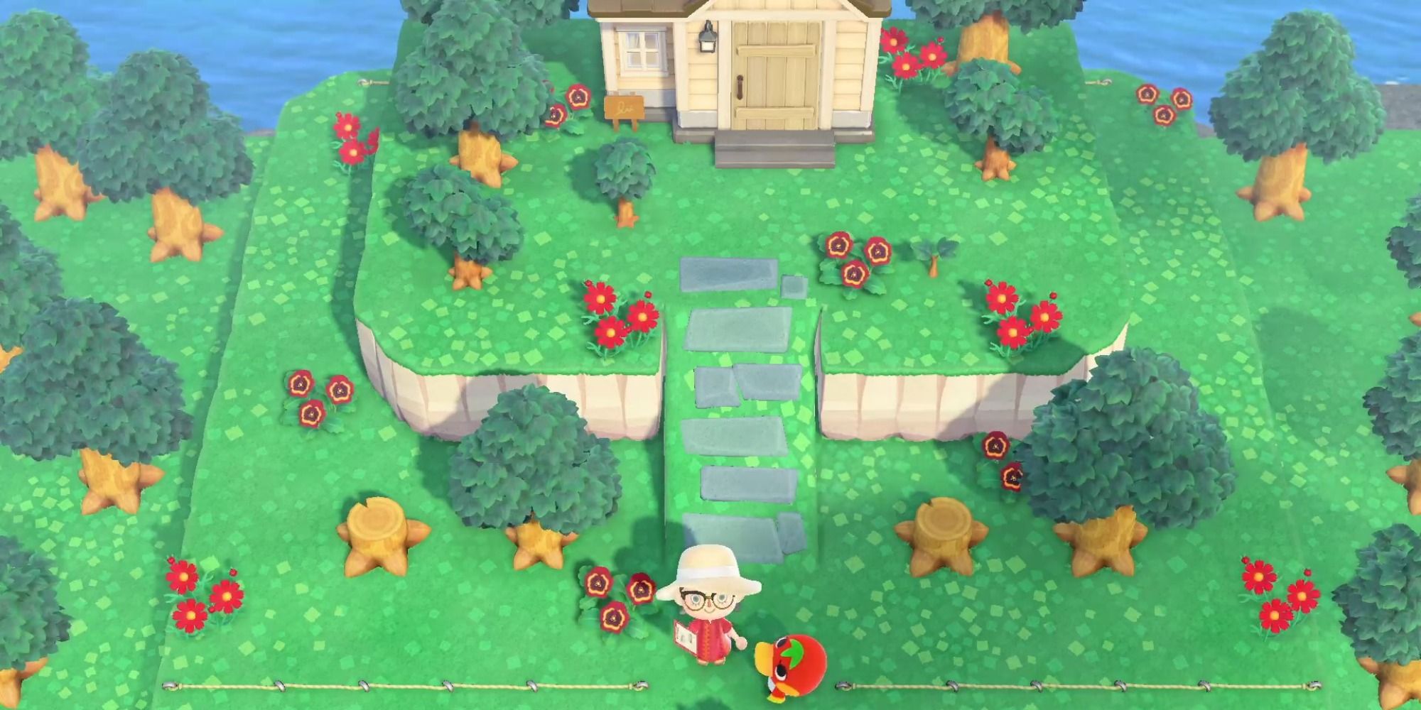 A player stands at the base of a natural ramp by a red duck, surrounded by trees and flowers