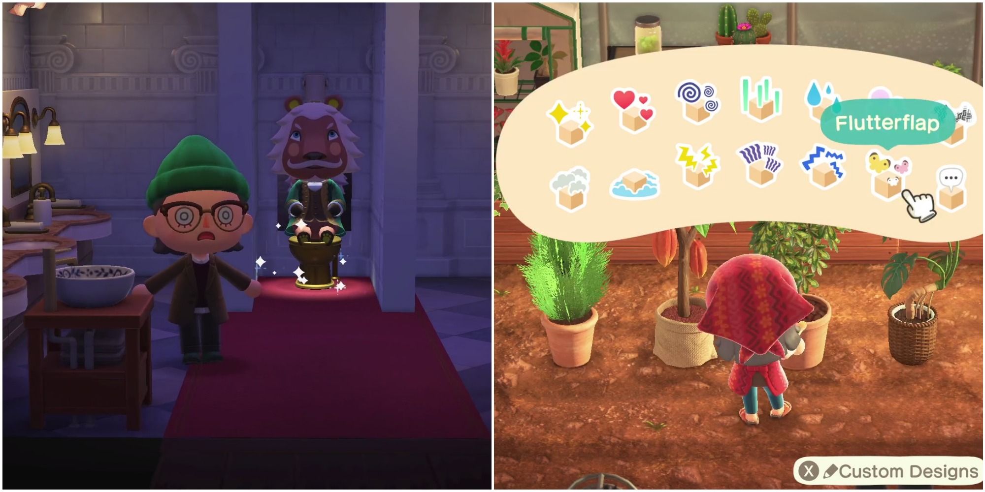 A split image from left to right: a player stands aghast in a restroom as a lion sits on a sparkly golden toliet, and a player stands before a row of plant with the "flutterflap" polishing option selected