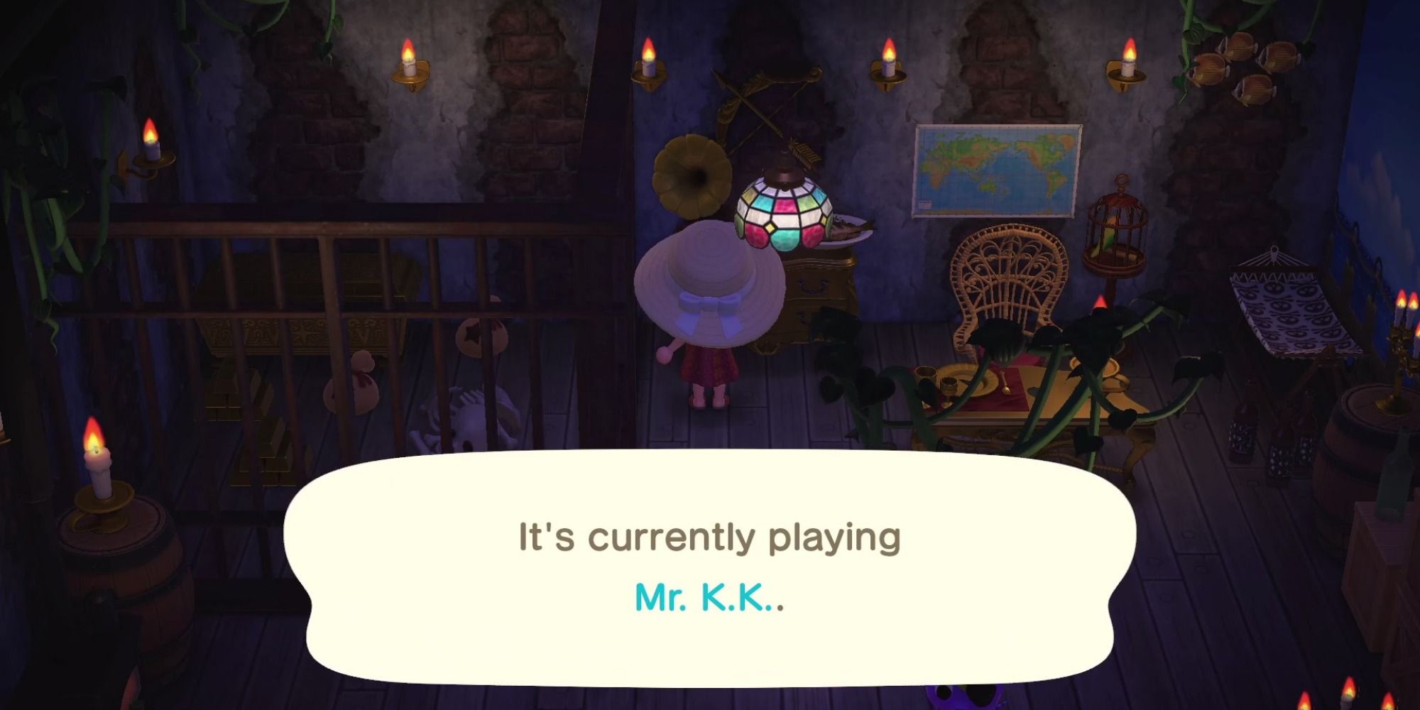A player stands in a dark room in front of a record player, which says it is currently playing the song "Mr. K.K."