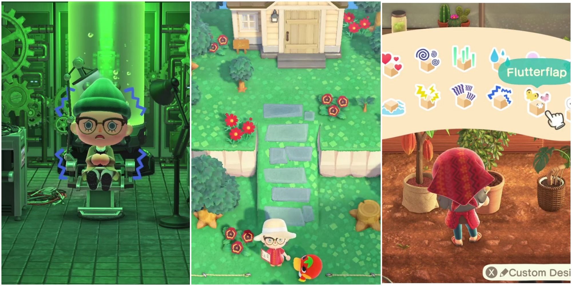 A split image from left to right: a player cowering in fear in a green lit science lab, a player standing at the base of a ramp with a red duck surrounded by flowers and trees, a player in polishing uniform selecting the 