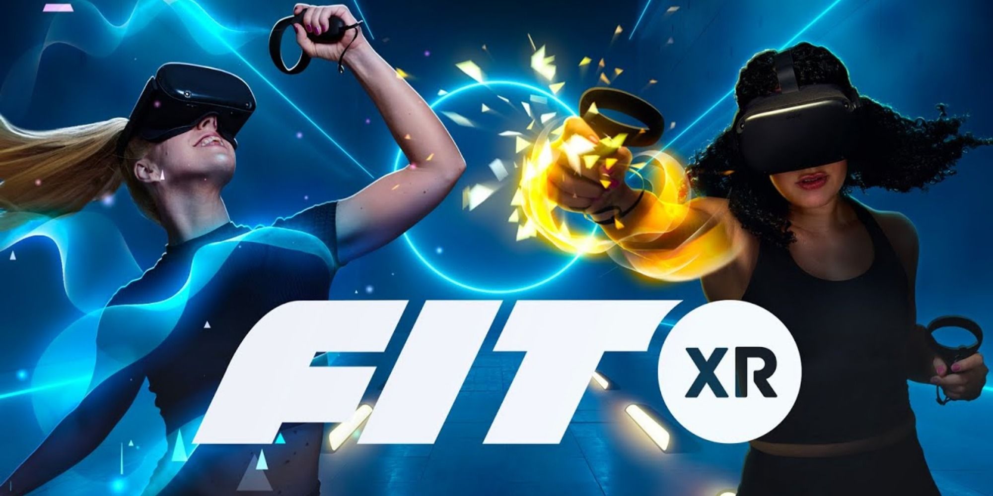 Two women wearing VR headsets stand in a virtual environment punching glowing objects, with FITXR title art in foreground