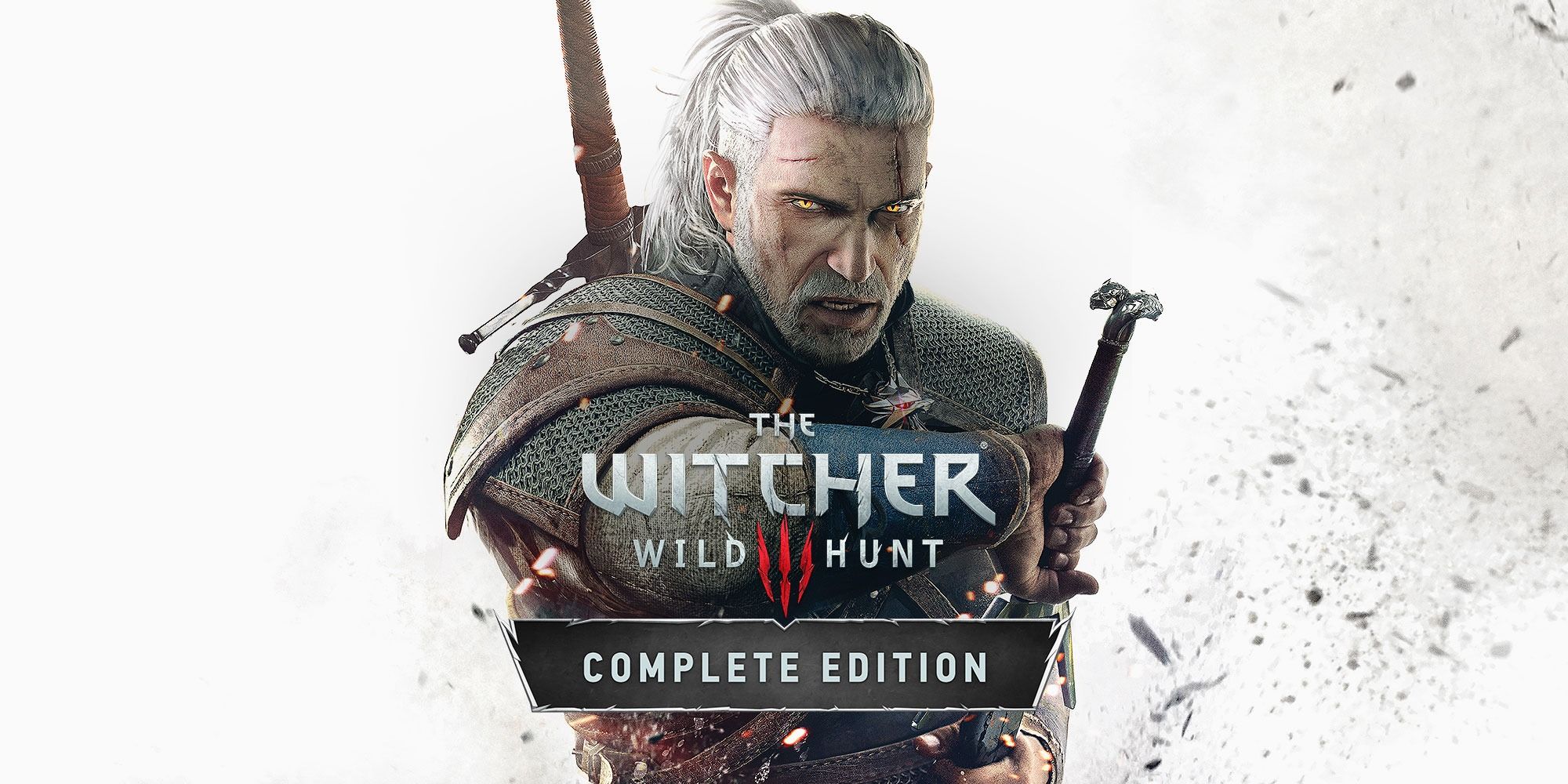 Geralt stands with his hand on his sword ready to unsheathe it, with The Witcher 3 title art in the foreground