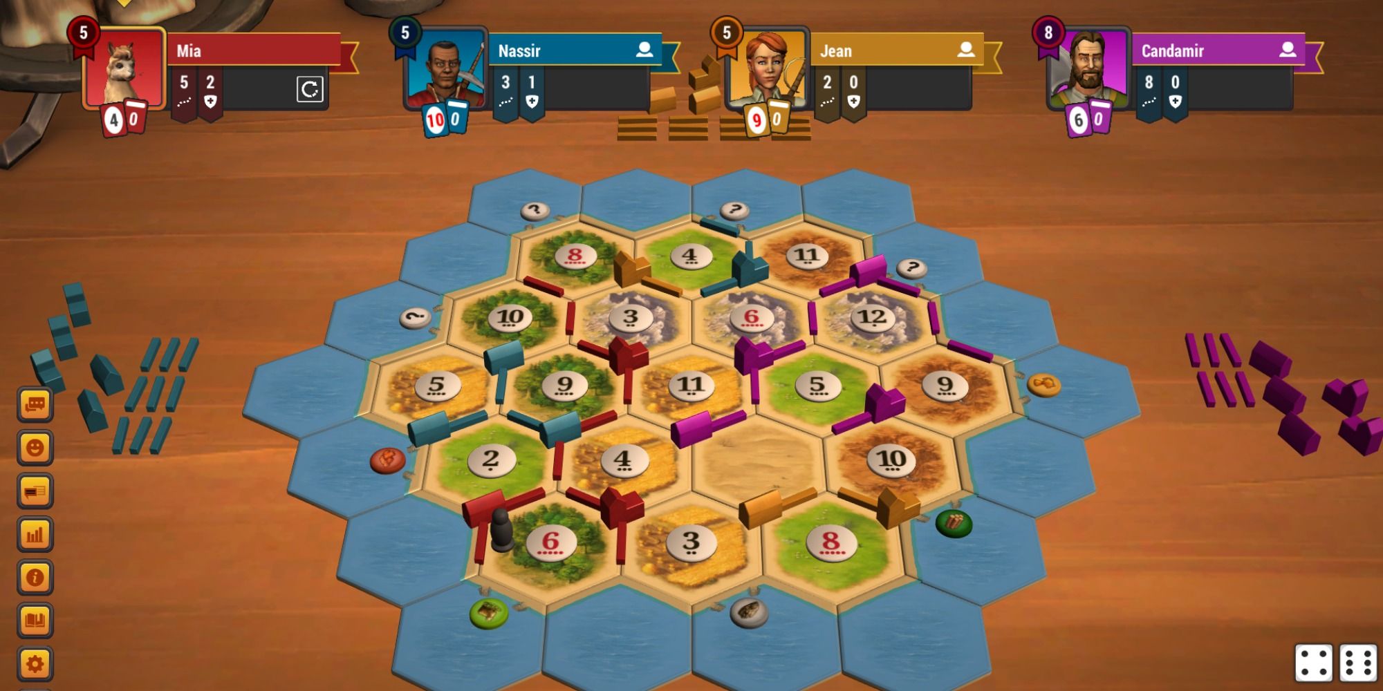 A Catan board game sits on a wooden table, with four icons for different players shown above