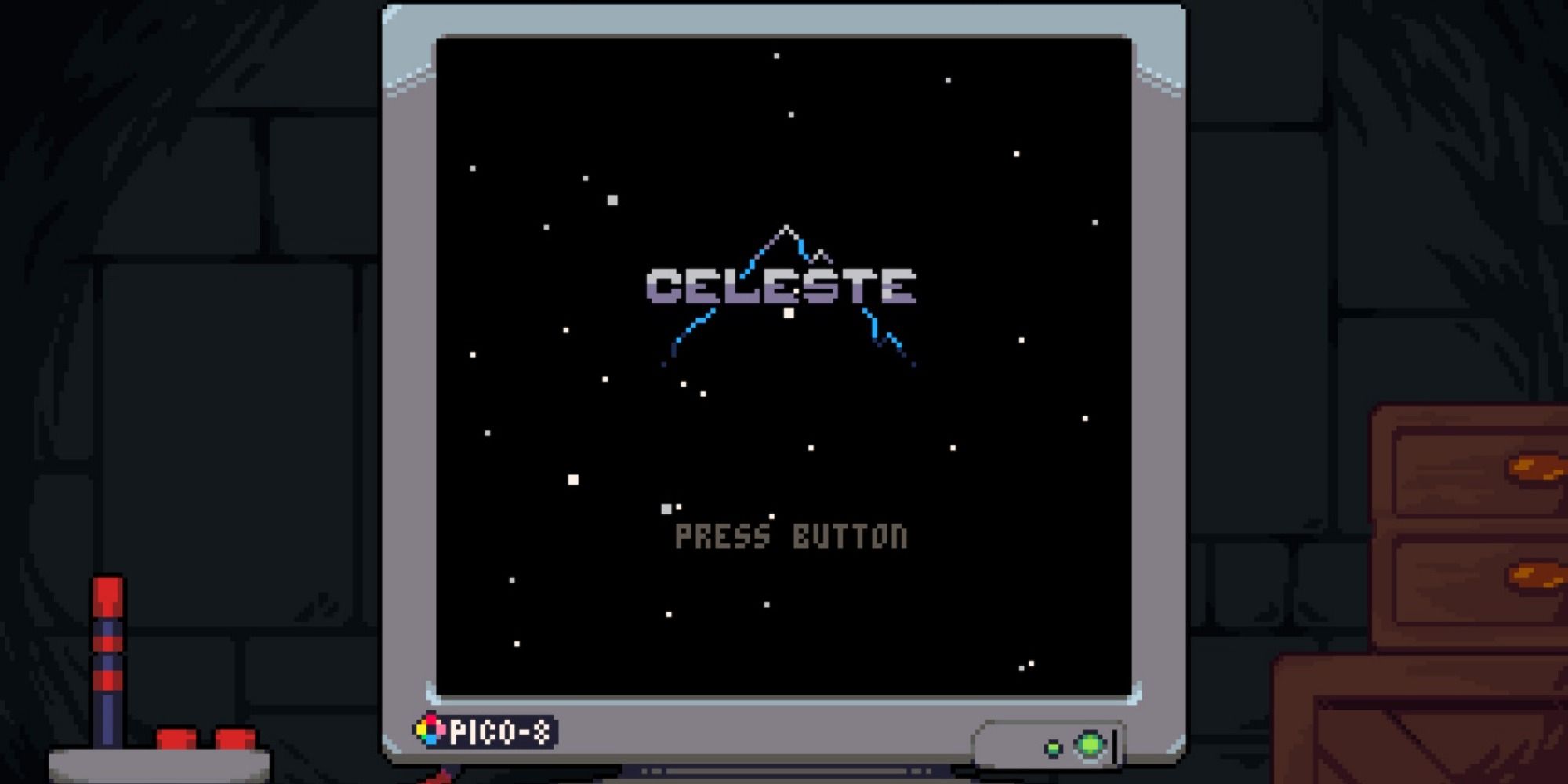 A pixel art stone tiled room contains a computer monitor labeled Pico 8 and displays a screen with a pixel mountain and the text "Celeste"