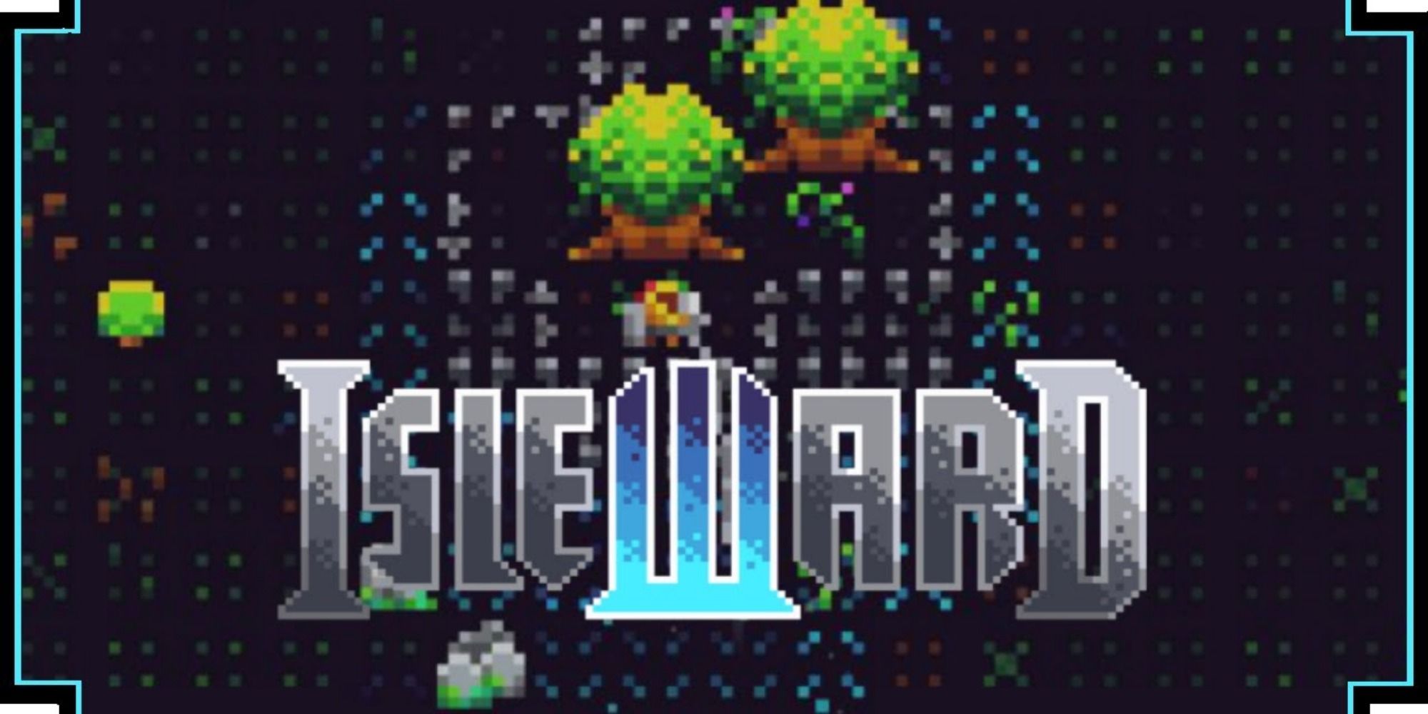 Isleward title art in front of a pixel forest background