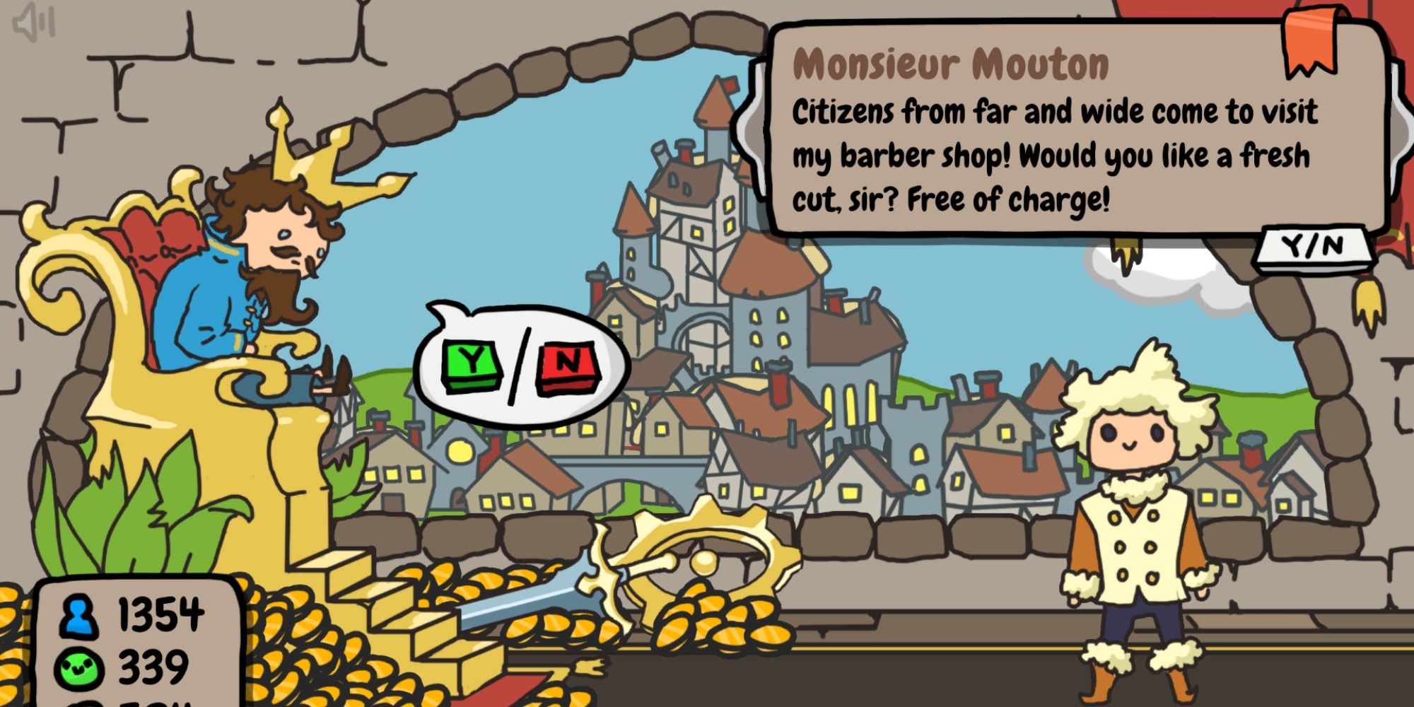 A slouched cartoon king sits on a throne of gold, while a character named Monsieur Mouton asks him if he would like a haircut