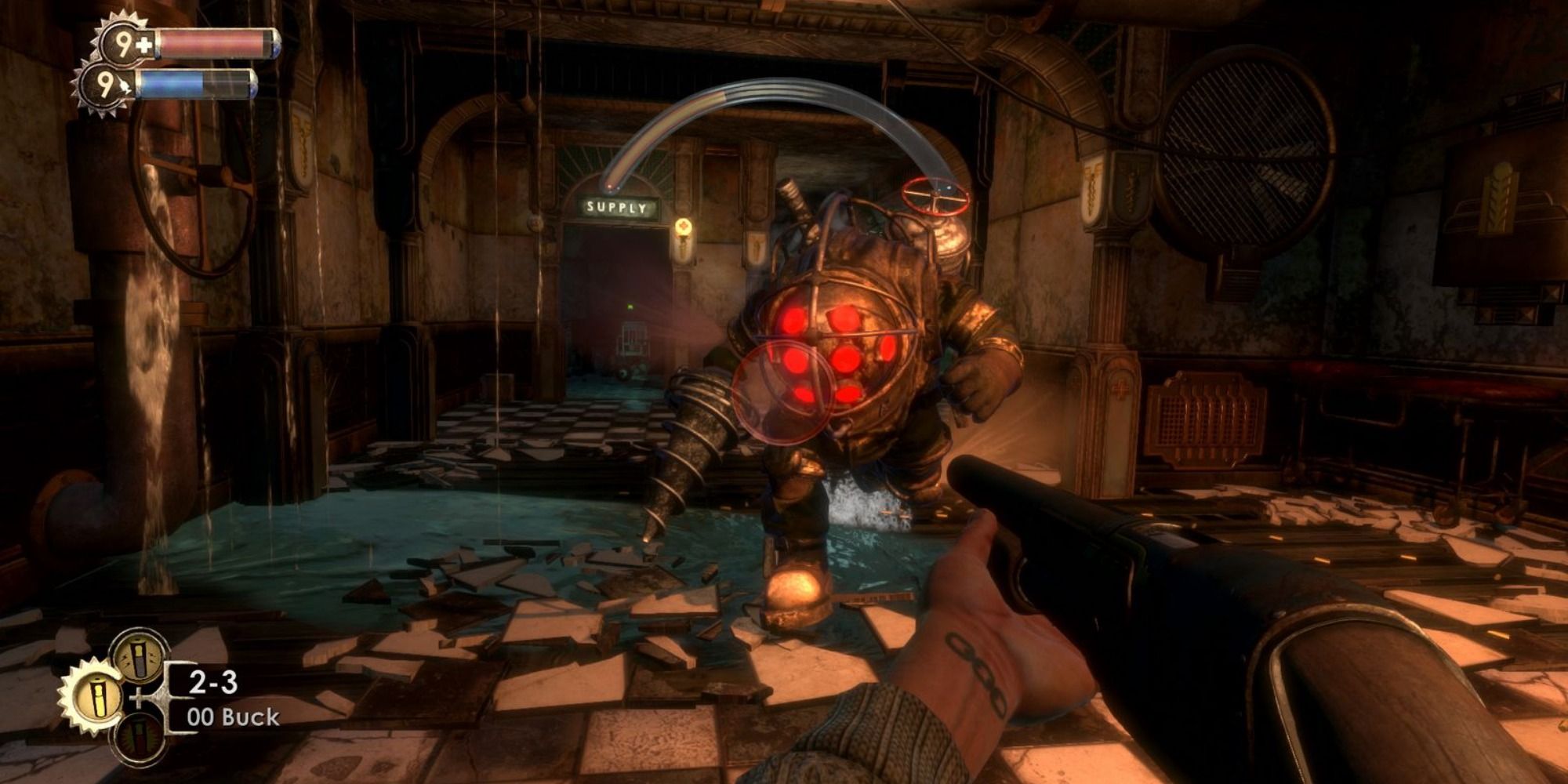 A player aims a shotgun at a Big Daddy charging them in an abandoned hallway