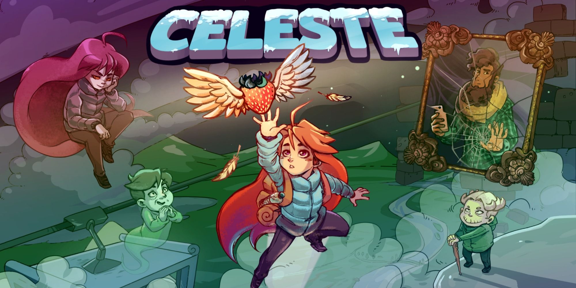 Title art for Celeste showing Madeline reaching for a strawberry with wings, while supporting characters float in fog around her